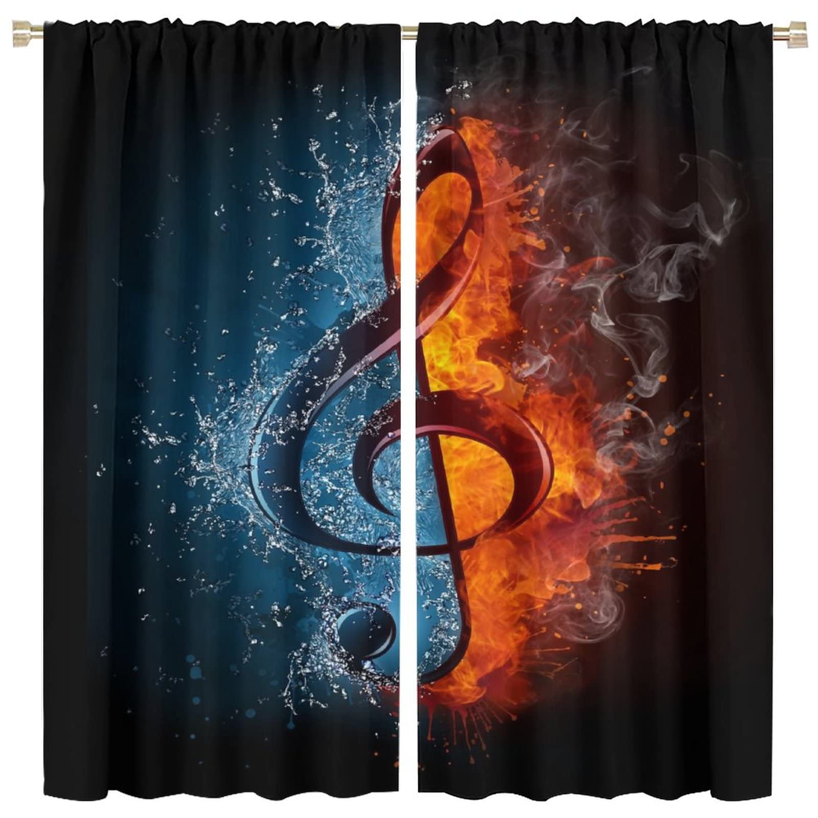 Music Curtains,Musical Notes Water Fire Theme Room Darkening Thermal Insulated Rod Pocket Window Curtain 2 Panels for Living Room Bedroom Decor W63xL63in
