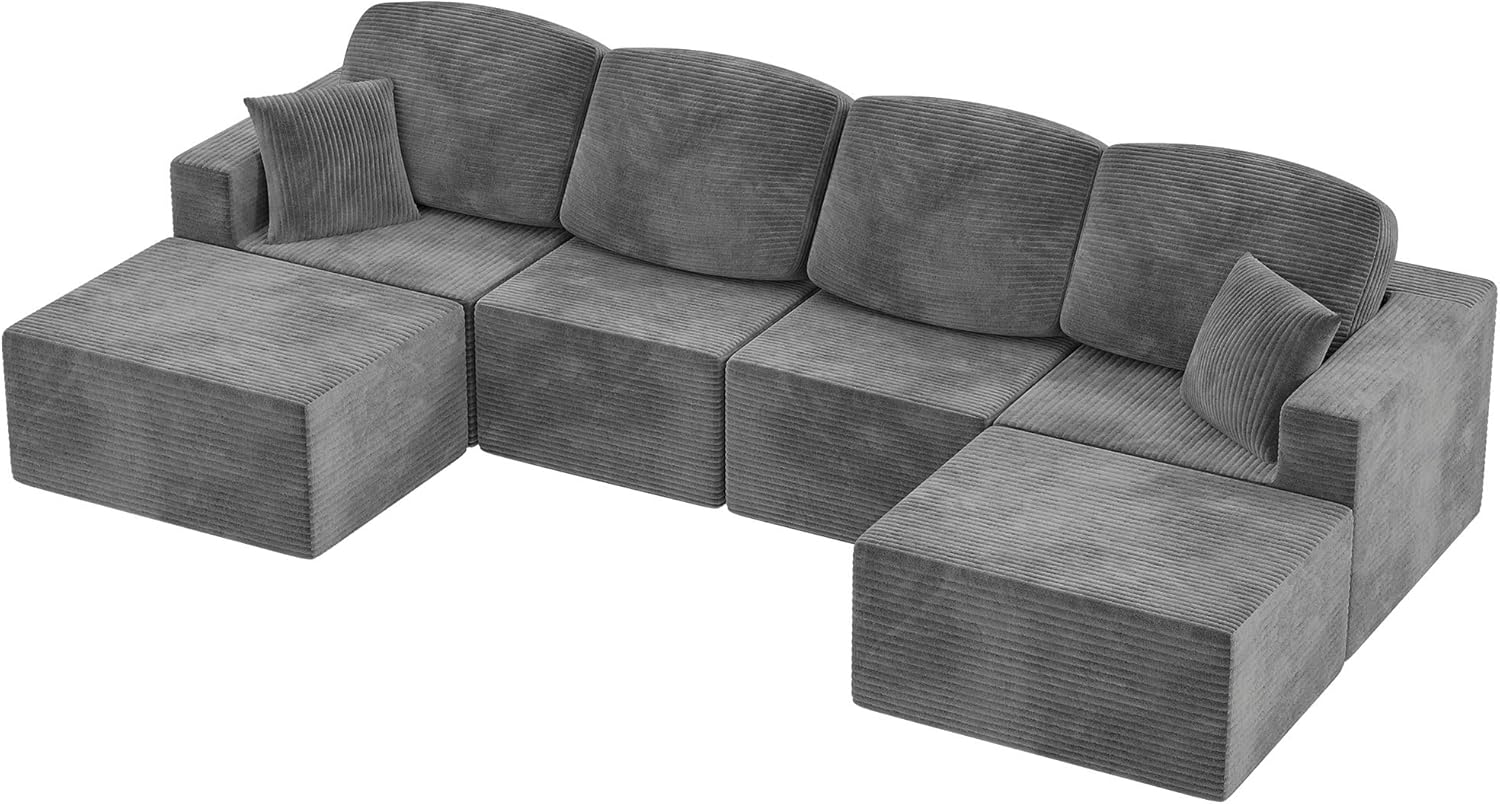 Homall 126" Modern Fabric Boneless Couch with Deep Seat, Sectional Couches for Living Room, Upholstered Cloud Sofa with 2 Ottoman, No Assembly Required (Dark Grey, U Shaped Sofa) Dark Grey U Shaped Sofa