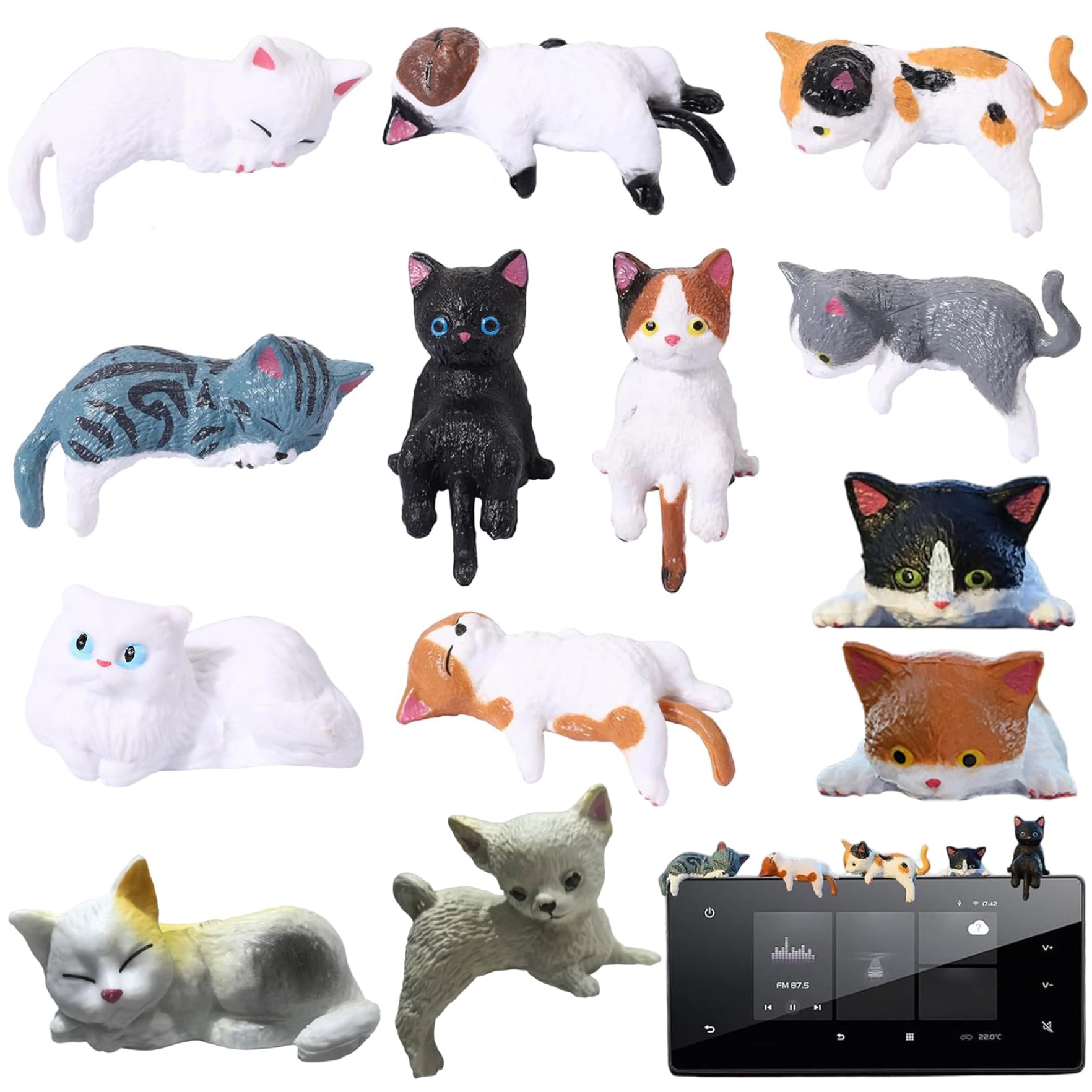 Ameble Mini Cat Desk Figurines 13PCS, Cute Resin Tiny Cat Figurines for Dashboard Monitor Bookshelf Office Decor