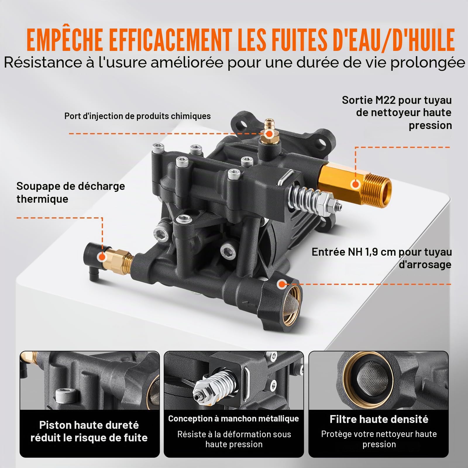 VEVOR Pompe de nettoyeur haute pression, arbre horizontal de 19,05 mm, 3500 PSI, 2,5 GPM, kit de pompe de remplacement avec 5 buses, quincaillerie, tube siphon, pour Simpson, Honda, Troy-Bilt, Generac
