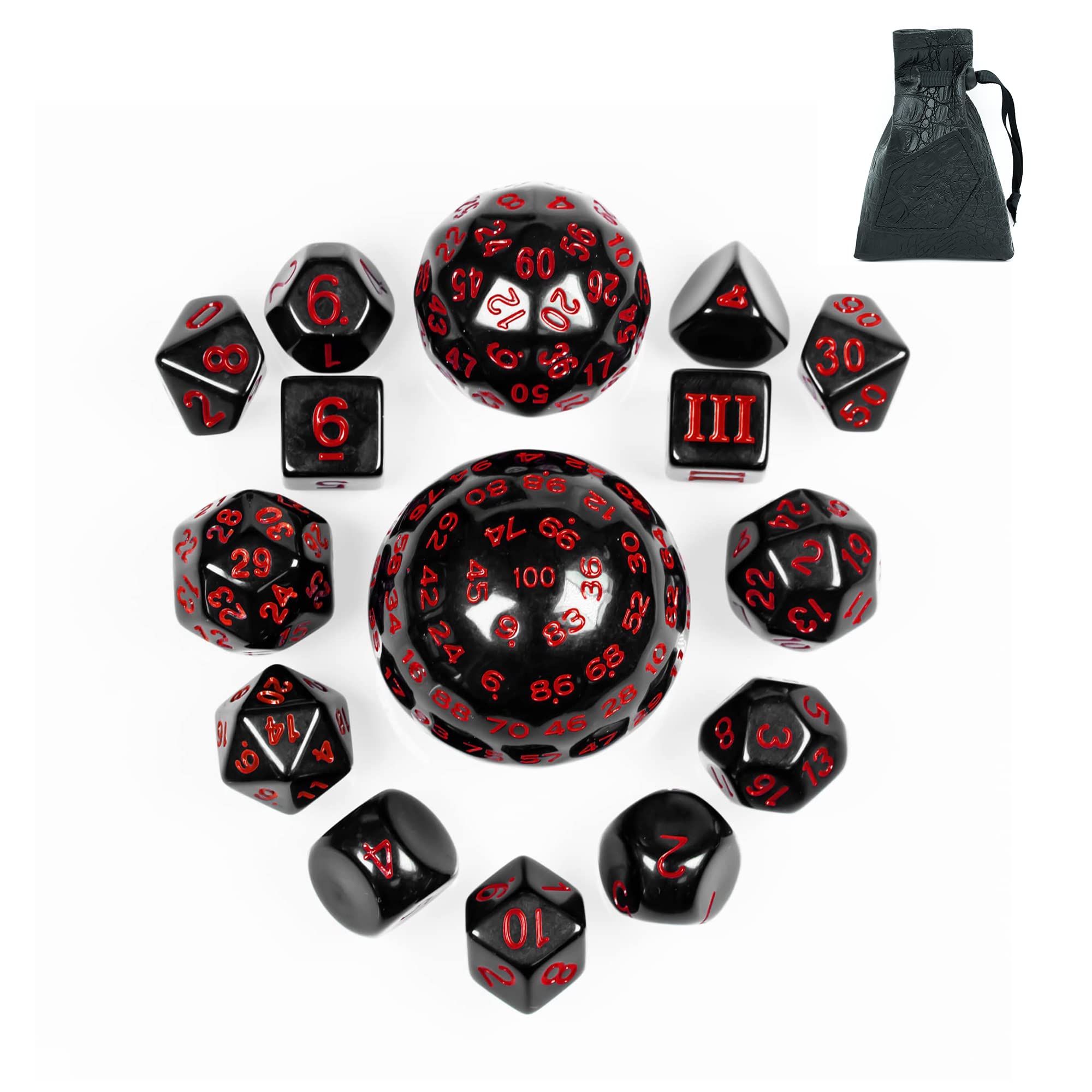 15 Pieces Complete Polyhedral DND Dice Set D3-D100 Spherical D&D Dice Set with Dragon Eye Dice Bag, D100 Dice for RPG Table Games(Black w/Red Numbers)