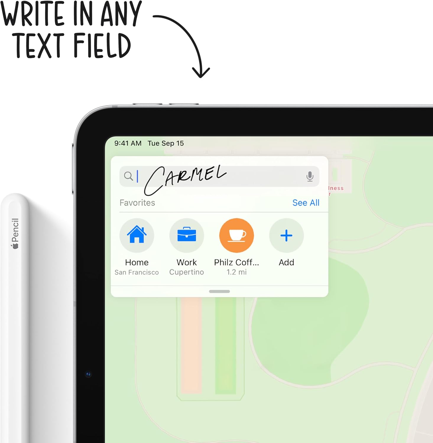 A hand using an Apple Pencil to write on the iPad Air screen