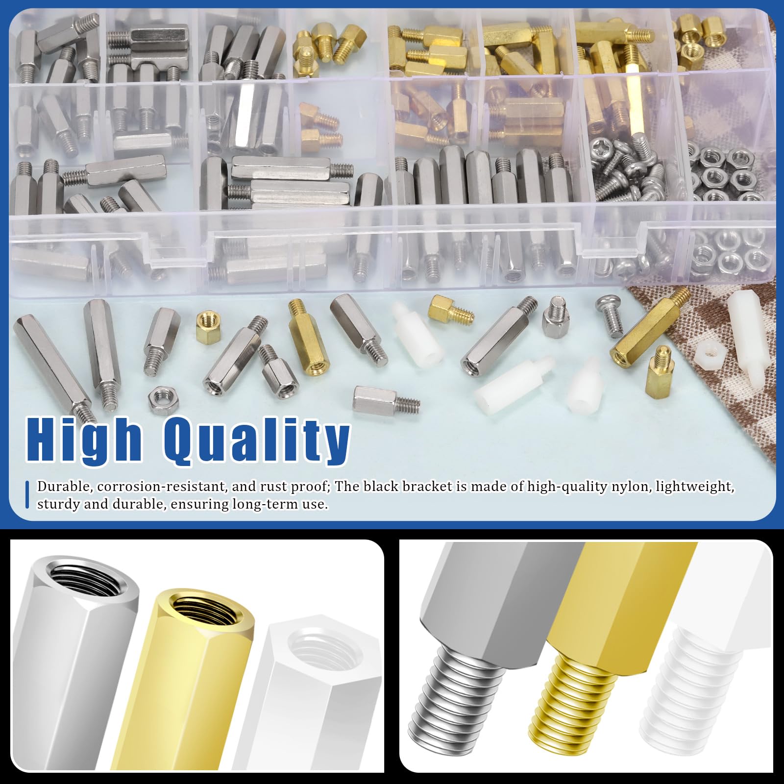 Glarks 192pcs M4 Carbon Steel & Nylon & Brass Standoff Set Hex Mount Spacer Motherboard Spacer Male-Female Spacer Standoff with Pan Head Screw Nylon Screw Nut and Hex Nut for PCB Quadcopter Drone - Image 4