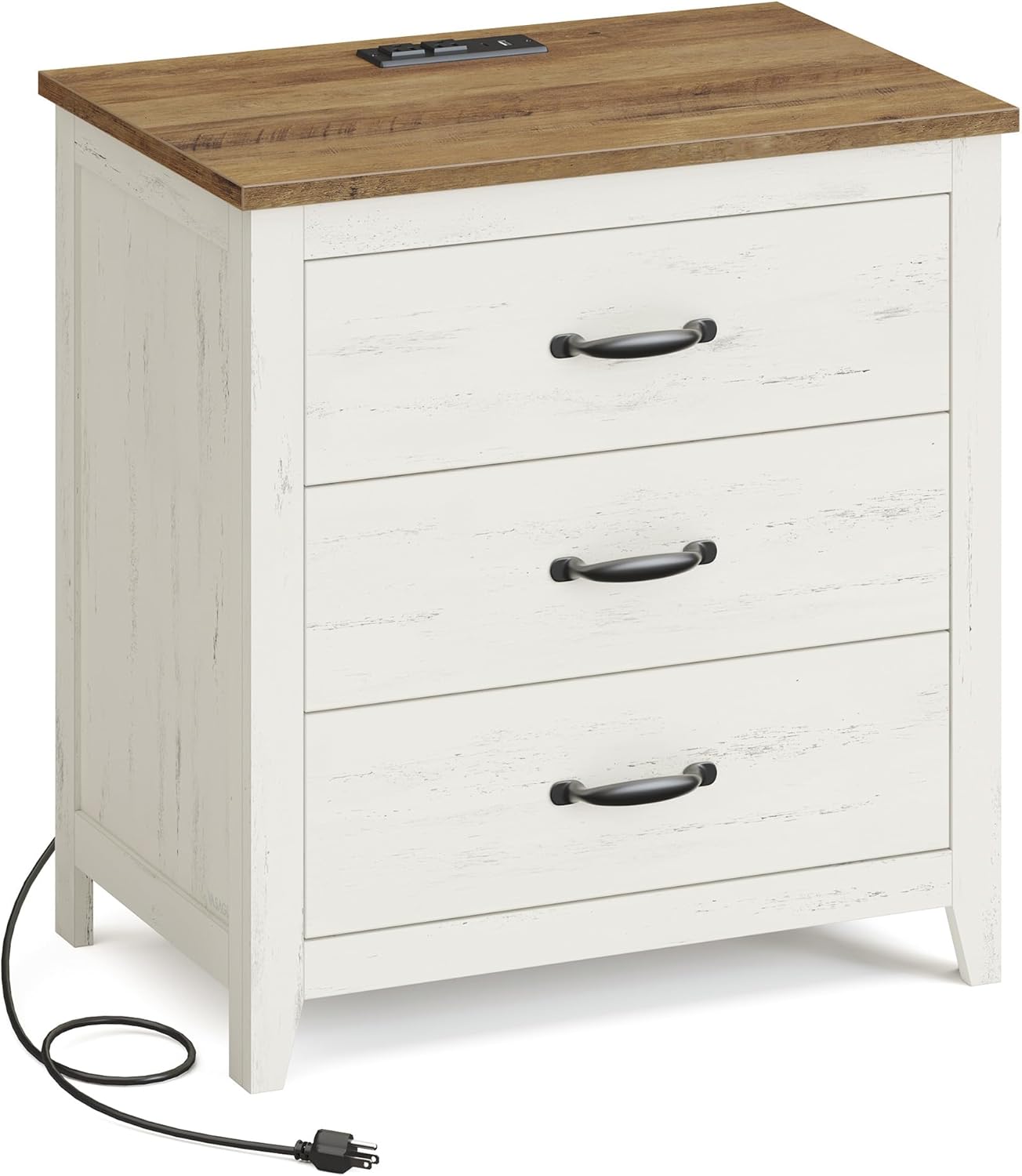 VASAGLE LIRY Collection – Farmhouse Nightstand with Charging Station, Bedside Table, Side End Table with 3 Drawers, for Bedroom, Rustic White and Honey Brown ULET679W01