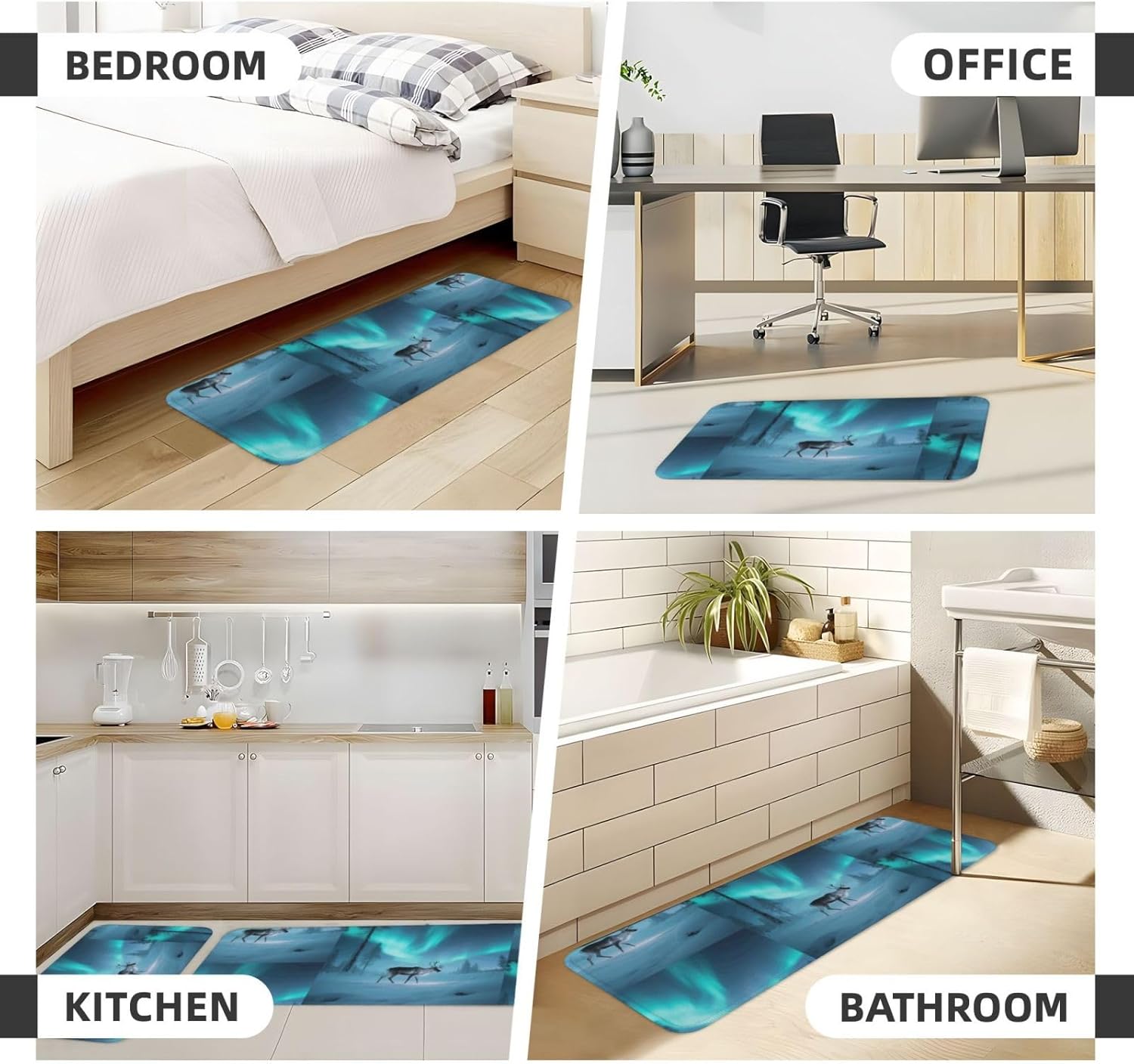 Reindeer in Aurora Forest Kitchen Rugs Set of 2, Cushioned Anti-Fatigue Kitchen Mats for Floor, Waterproof Comfort Standing Mat Absorbent Velvet Kitchen Runner Rugs 17"x30"+17"x47"