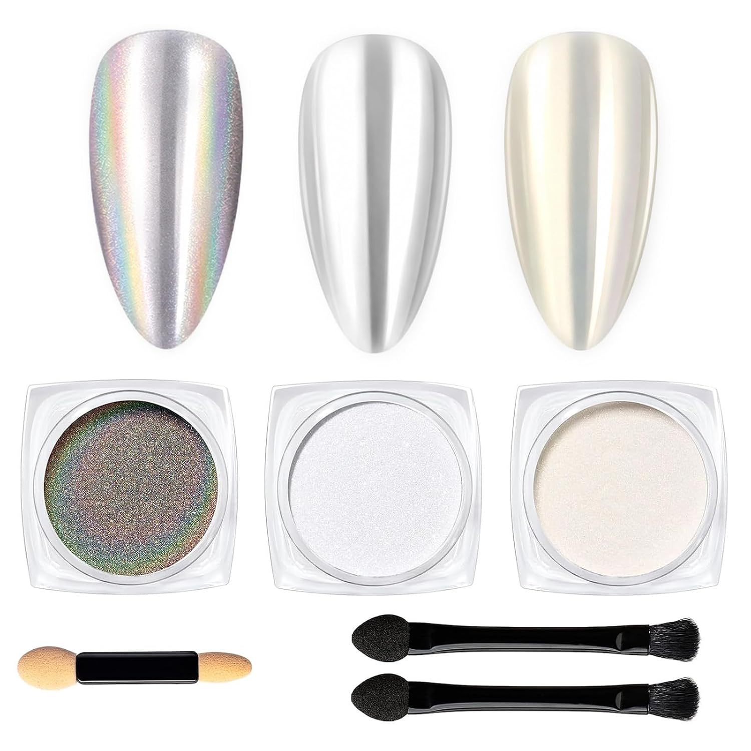 Beetles Chrome Nail Powder Set 3 Colors Holographic Silver Pearl White and Aurora Yellow Iridescent Mirror Effects for Gel Nails Resin Nail Art Decoration Glitter Nails Art Chrome Powder