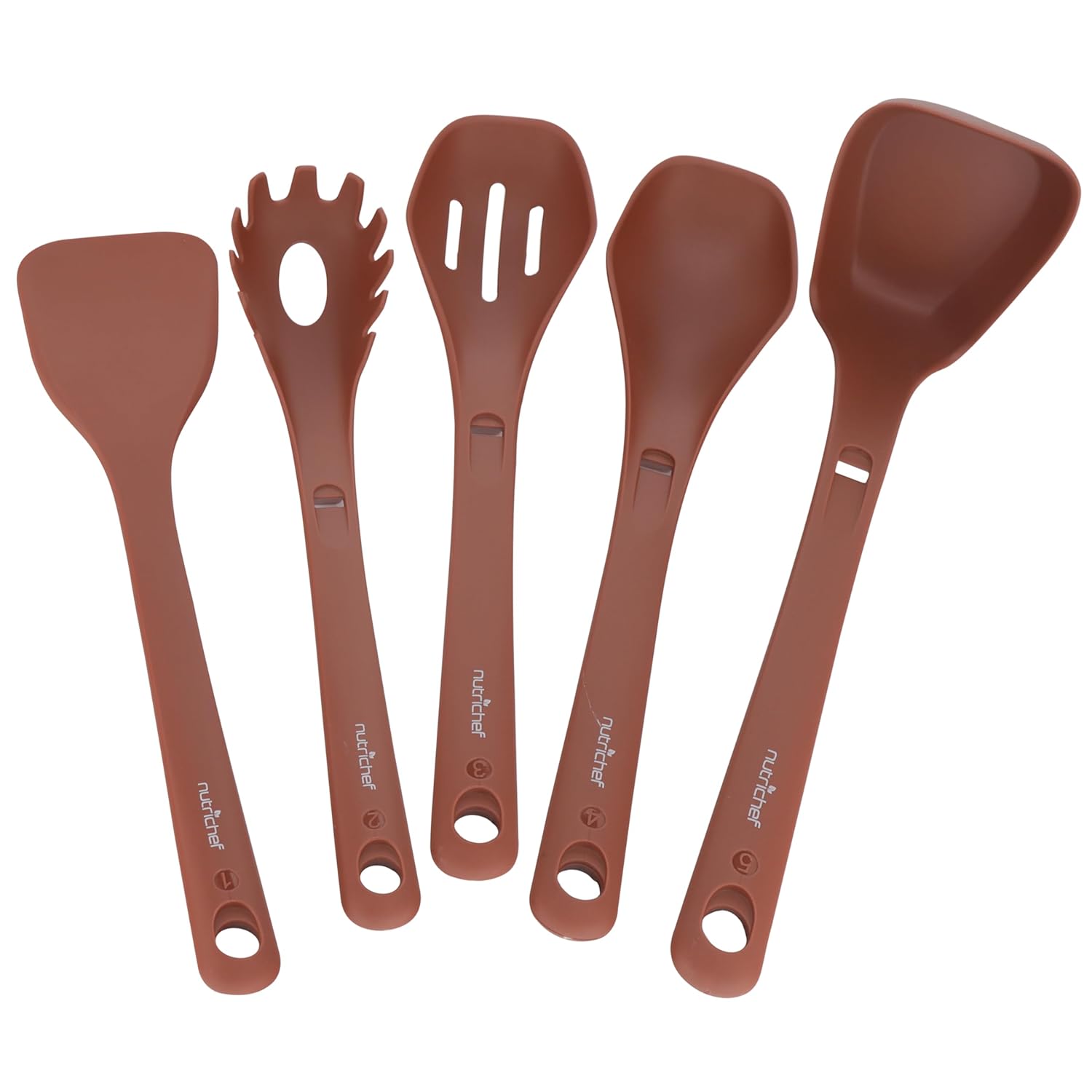 NutriChef Silicone Kitchen Utensils Set - 8-pc Utensil Set with Spatula, Pasta Fork, Solid Spoon, Slotted Spoon & Tool Stand, Heat-Resistant, Food-Grade Safe, Easy-to-Clean, Stackable Design (Brown)