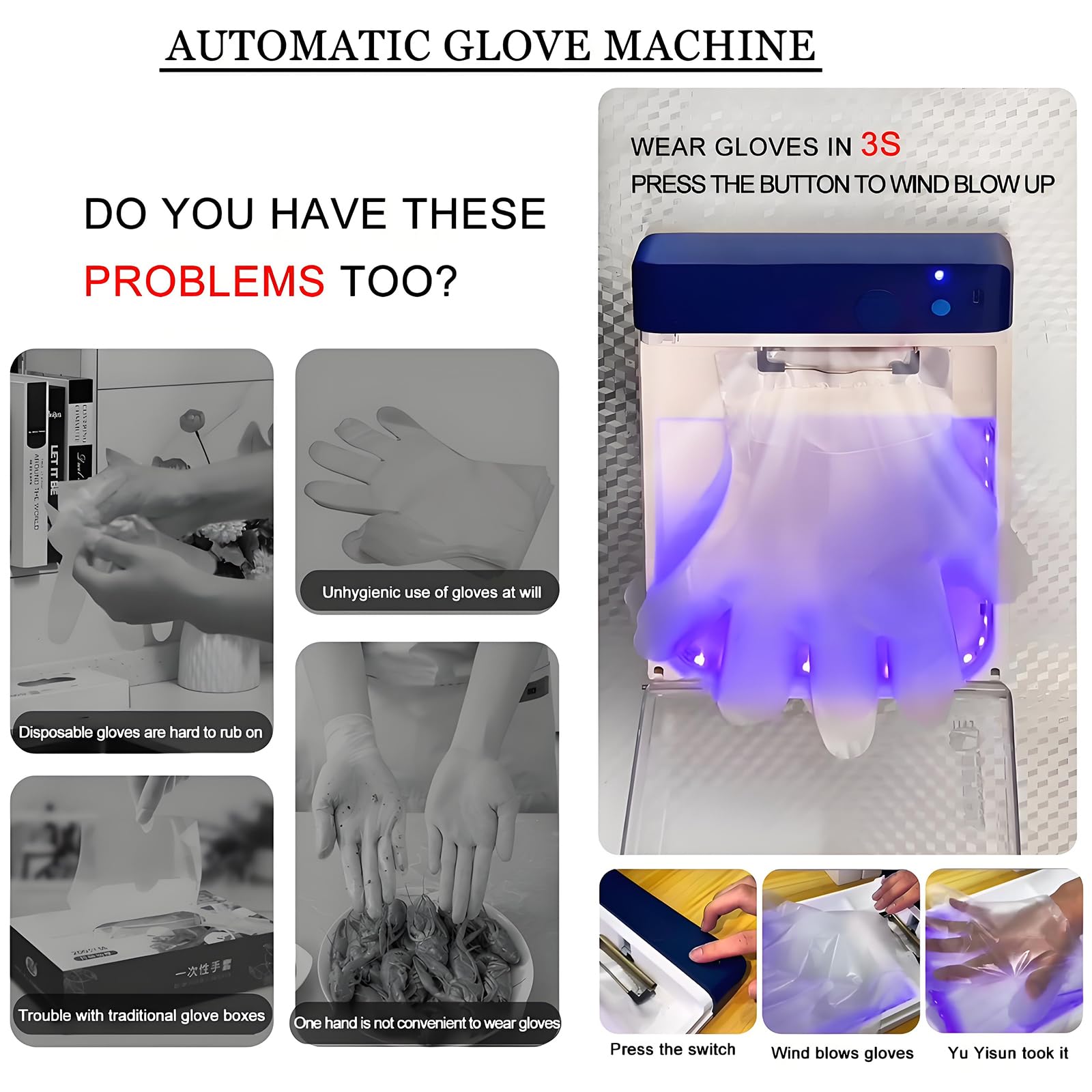 Guanti USA E Getta, Macchina A Guanti Automatici con Guanti di Plastica da 100 Pezzi, Mettono Automaticamente Guanti 3s, Sospeso E Sostituzione Rapida, Guanti più Detergenti Alimentari, per Cucine