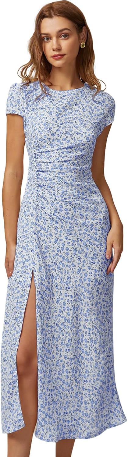 RIHOAS Boho Floral Midi Dress for Women - Round Neck Slit Design, Casual Beach Garden Vacation Sundress