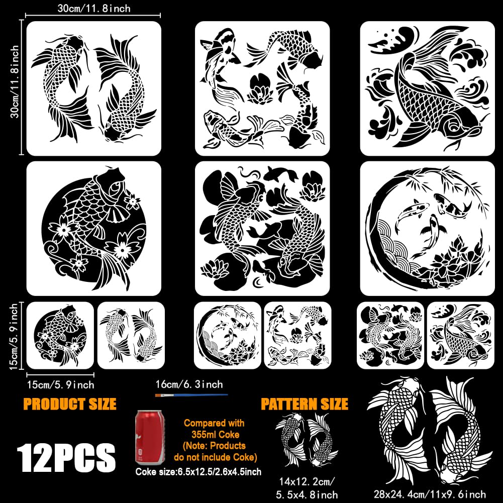 FINGERINSPIRE 12 plantillas de pintura de peces koi con 1 pincel de plástico reutilizable, 12 estilos, plantilla decorativa de peces orientales, plantilla Koi de la suerte para pintar en pared,