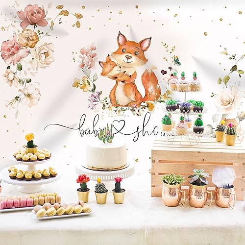 Miniatura 2 de Telón de fondo para baby shower de zorro para niñas, flores de fotografía con texto en inglés "It's a Girl", fondos de fotografía de animales