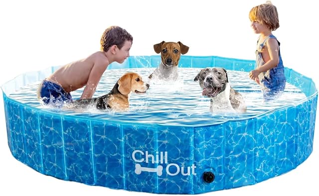 ALL FOR PAWS Extra Large Dog Pool (160 x 30CM)Foldable Dog Pet Kids Bath Pool Swimming Pool Paddling Pool Portable PVC Non-Slip Large Pet Dog Cat Bathing Tub Children Pet Dog Pool for Indoor/Outdoor