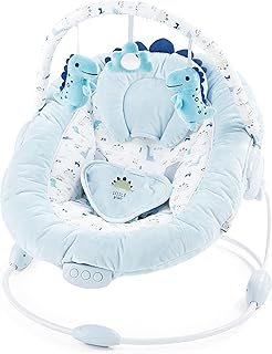 LADIDA Soft Light Blue Baby Bouncer, Soothing Vibrations and Music, Soft and Padded Material, Safe and Secure Three-Point Harness