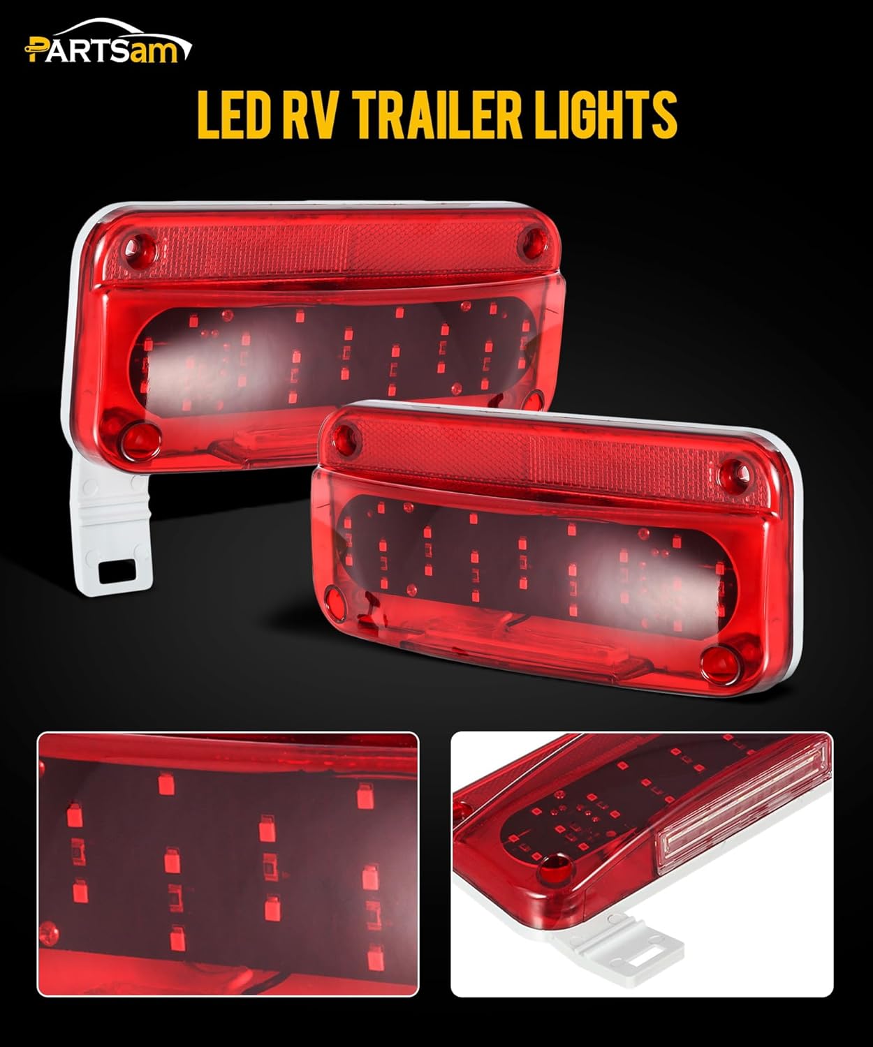 Partsam Rectangular Red LED RV Camper Trailer Stop Turn Brake Tail Lights White License Plate Light 49 LED with License Bracket Holder and White Base 12V Sealed w Reflex Surface Mount (Left + Right)