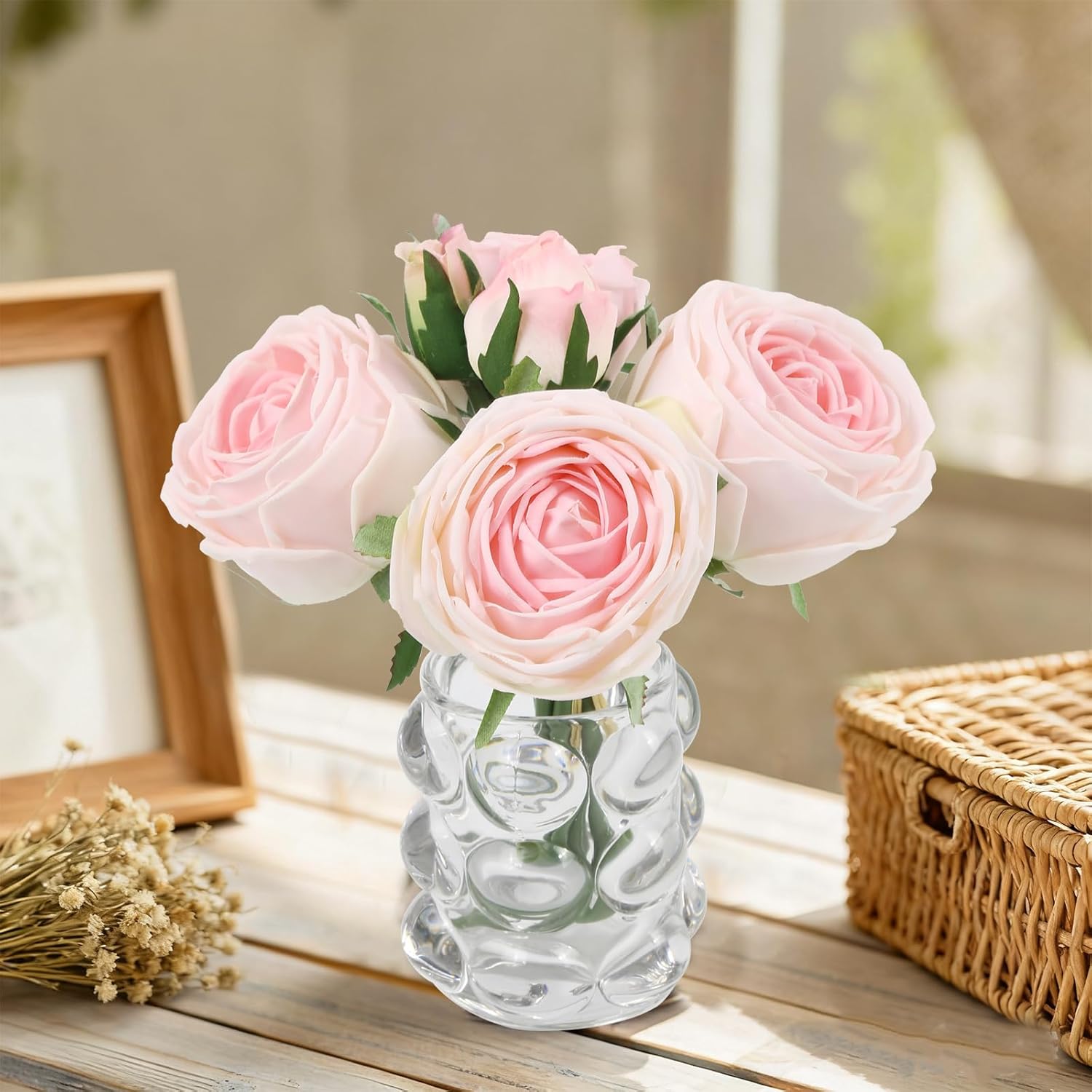 IPOPU Artificial Roses,Real Touch Pink Fake Flowers in Vase Faux Roses with Stems for Wedding Home Dining Table Centerpiece Decor(Pink)