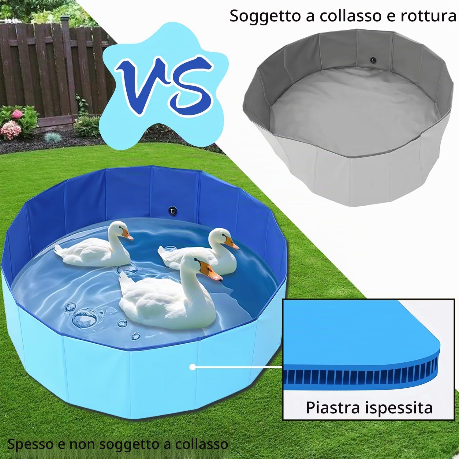 Piscina pieghevole per anatre, grande, con tappo di scarico, 89 x 30 cm, in PVC extra resistente, per anatre, cani, gatti, bambini, in plastica rigida blu, portatile, pieghevole, per uso interno ed