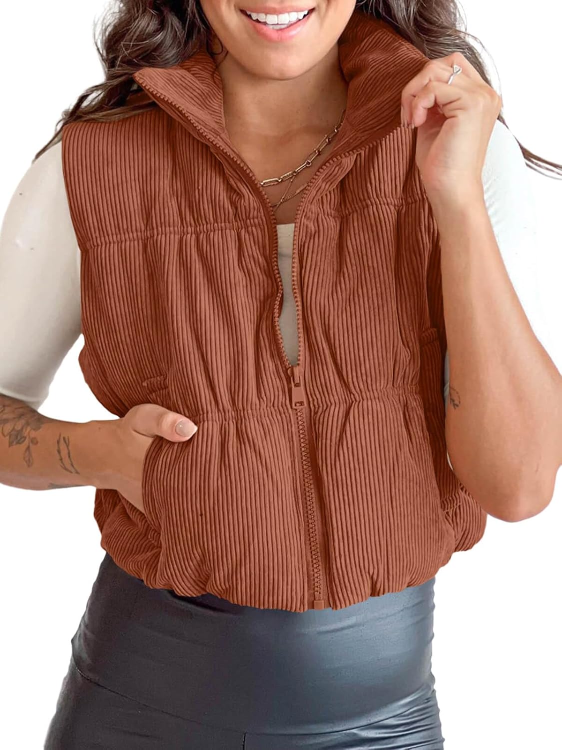 Tankaneo Womens Cropped Puffer Vest Corduroy Lightweight Sleeveless Padded Coat Zip Up Warm Outerwear - Image 2