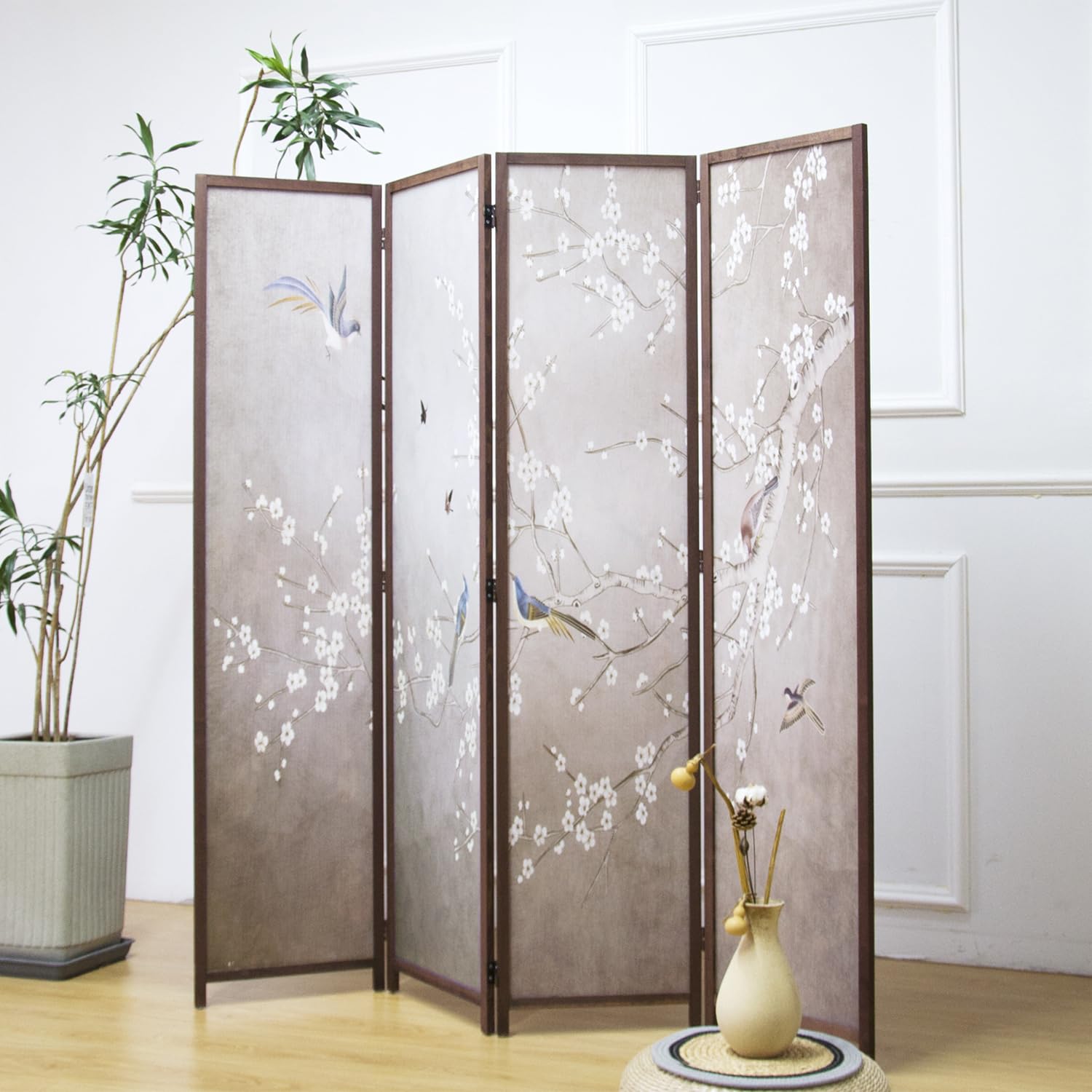 Photo 1 of PawlaBay 4 Panel Room Divider - 5.6 ft Plum and Bird