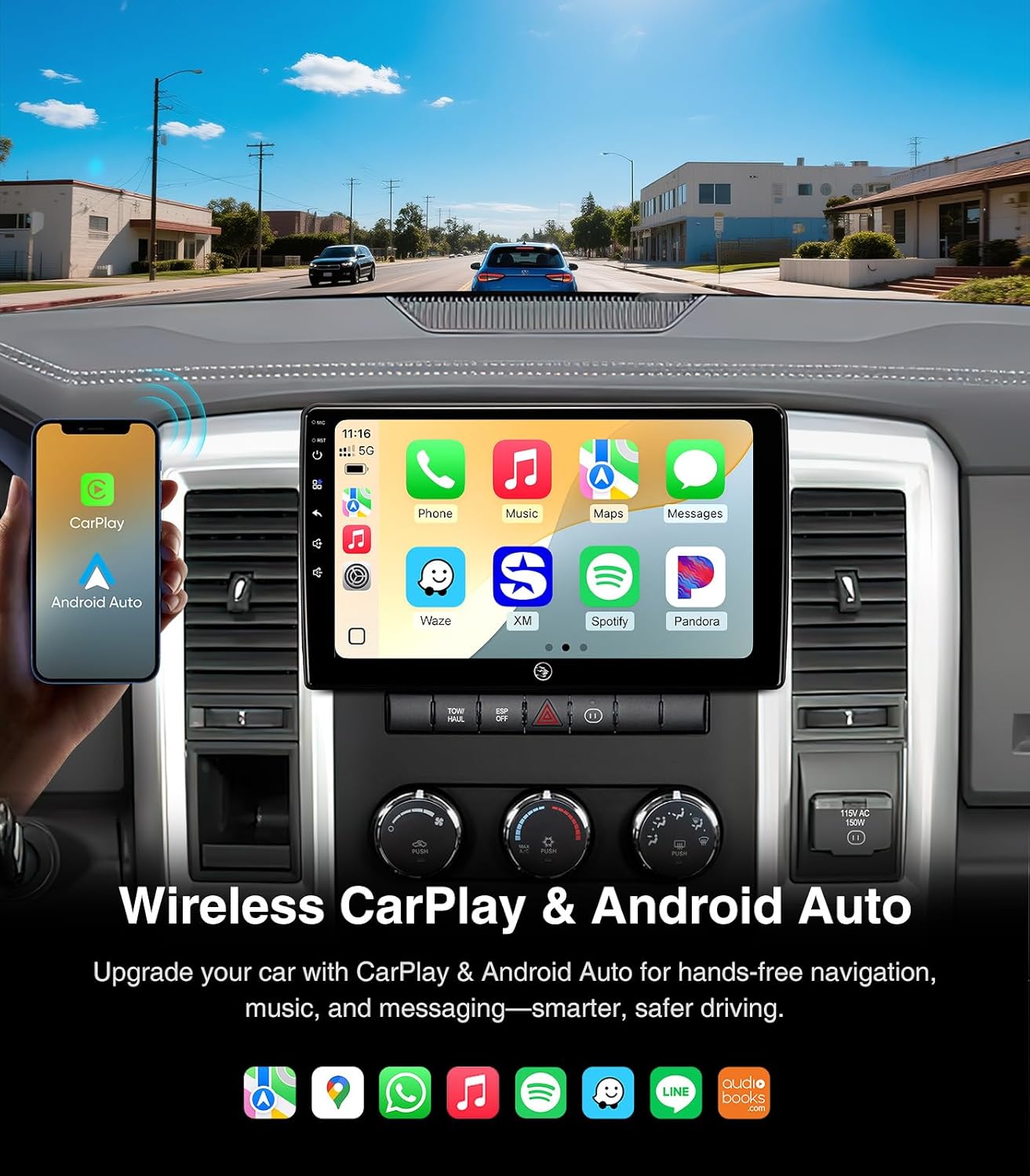 AINAVI car stereo displaying Wireless CarPlay and Android Auto interfaces with a smartphone connected.