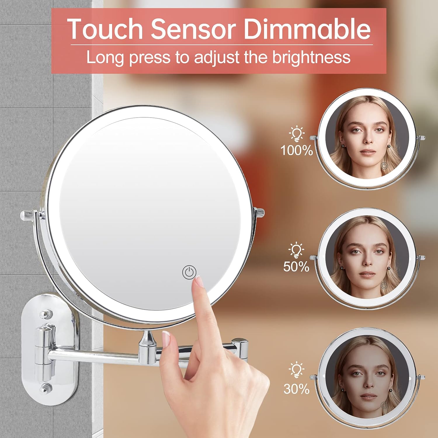 8 Inch Wall Mounted Lighted Makeup Vanity Mirror with 3 Color Lights, Double Sides 1X/5X Magnifying Bathroom Makeup Mirror, Touch Screen Dimming, Double Power Supply, Cosmetic Shaving Light Up Mirror : Beauty & Personal Care