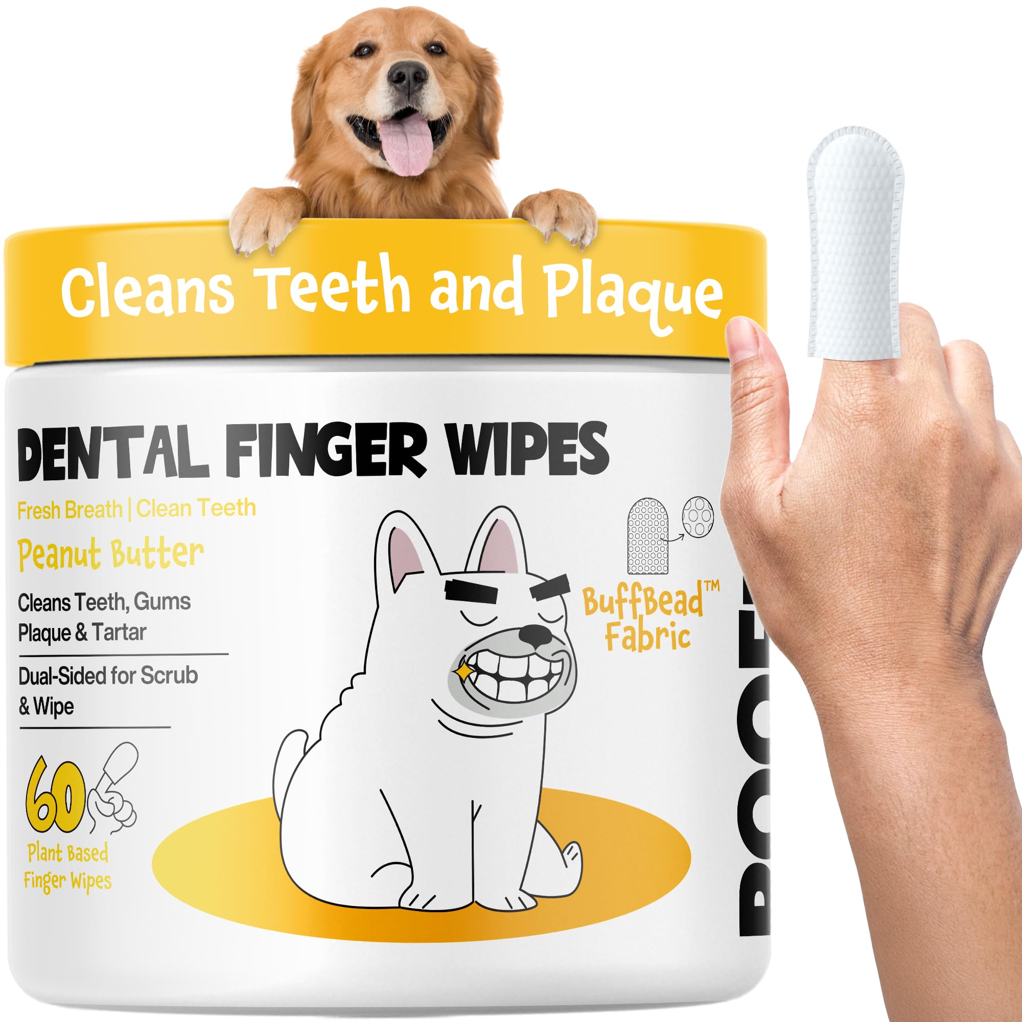 ROOFUS THE DOG Teeth Cleaning Wipes 60 Packs - Peanut Butter Dental Wipes to Reduce Plaque & Tartar for Dogs & Cats - Pet Dental Wipes for Oral Freshness