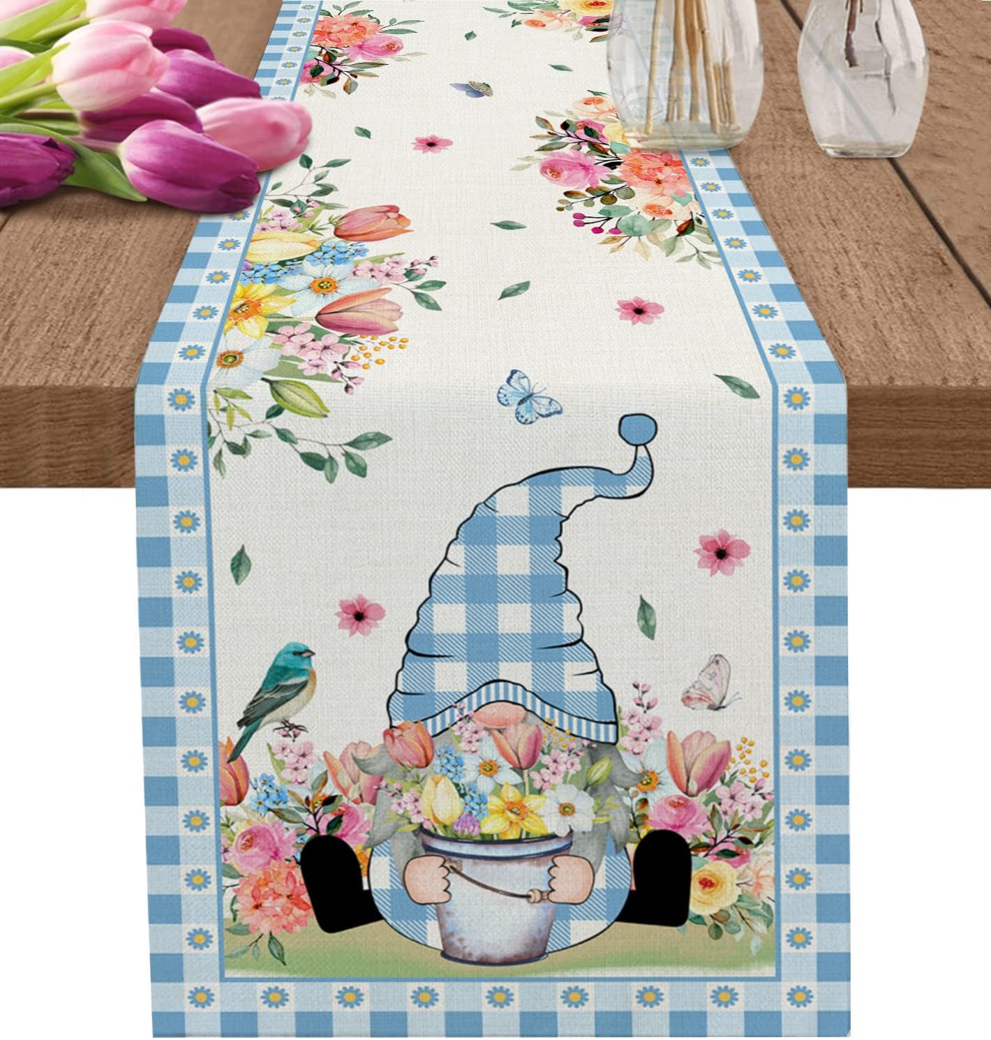 Amazon.com: Table Runner 13x48 inches Long Hello Spring Gnome with Blue ...