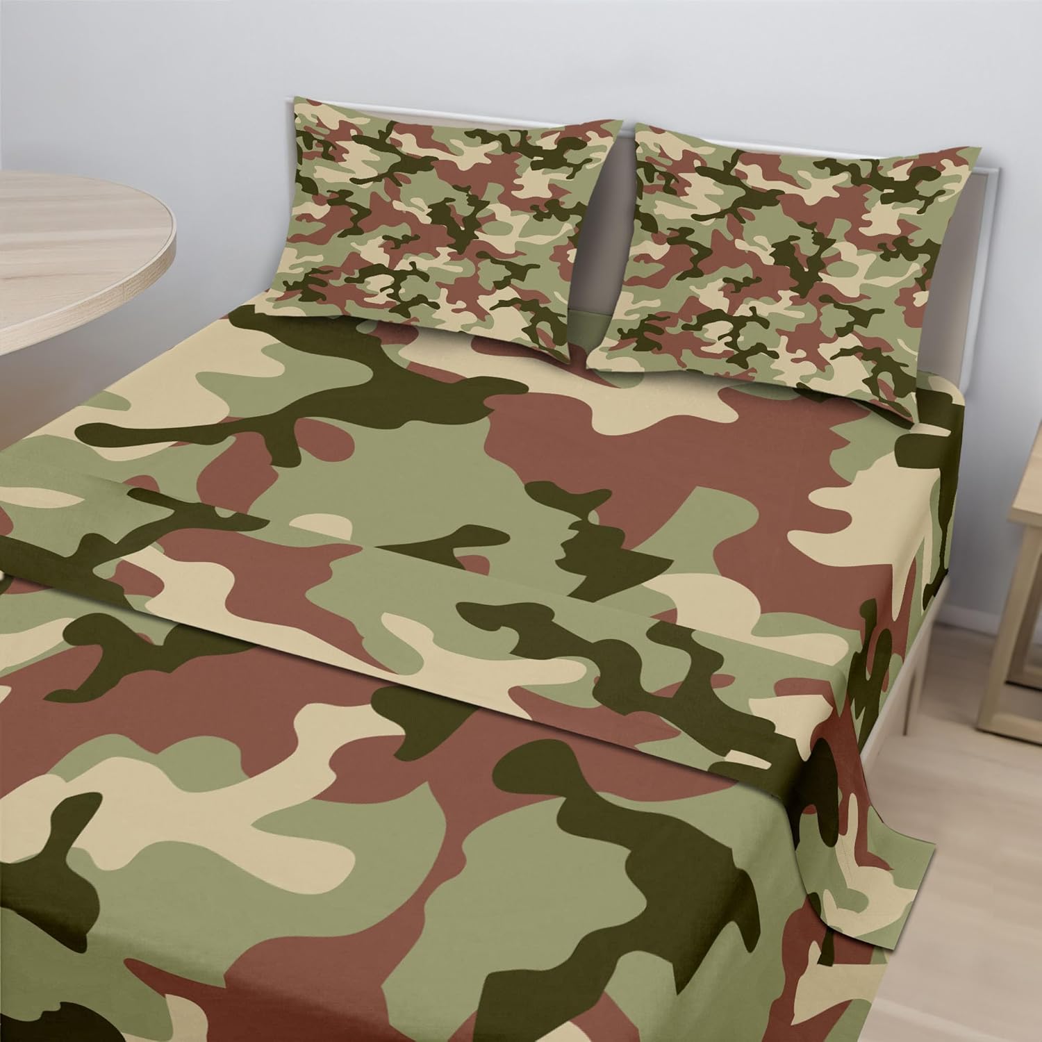 Ambesonne Camo Sheet Set, Illustrated Green Camouflage in Forest Colors Hunter Theme, Fitted and Flat Sheet with Pillowcases Bedding Accent 4 Piece Set, Full, Dark Green