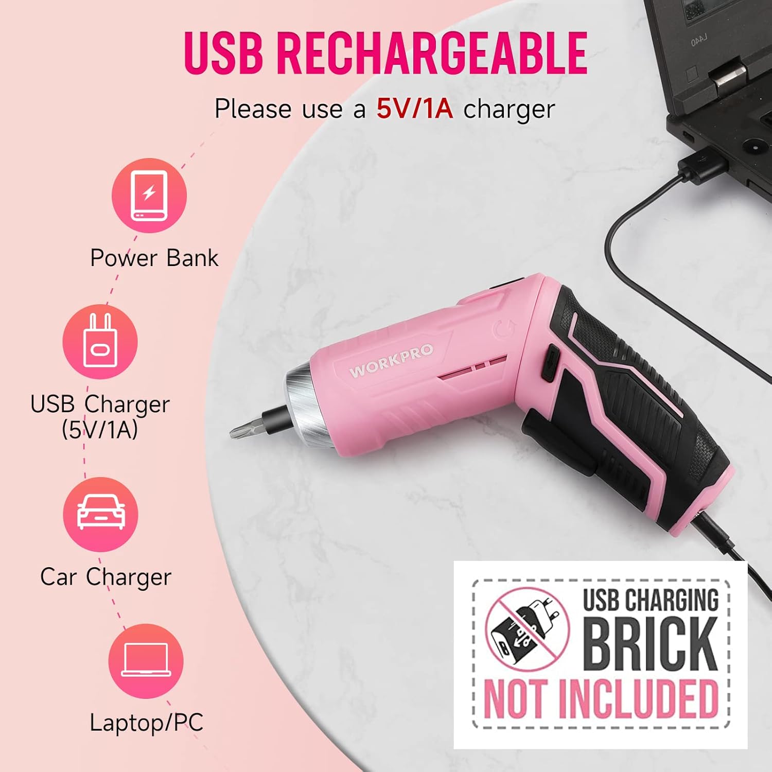 Close-up of the WORKPRO pink cordless screwdriver being charged via USB, with icons showing compatible charging sources like power bank, USB charger, car charger, and laptop/PC.