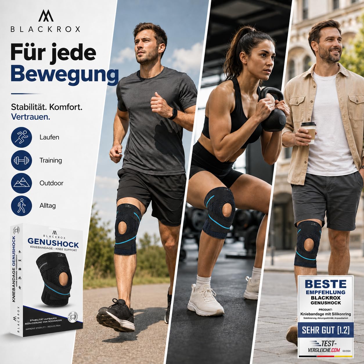 BLACKROX GENUSHOCK KNIEBANDAGE MIT SILIKONRING – Kniegelenkbandage für Damen & Herren – Unterstützung von Knie & Meniskus – Kniestütze ideal für Sport, Fußball, Kraftsport & Training – One Size