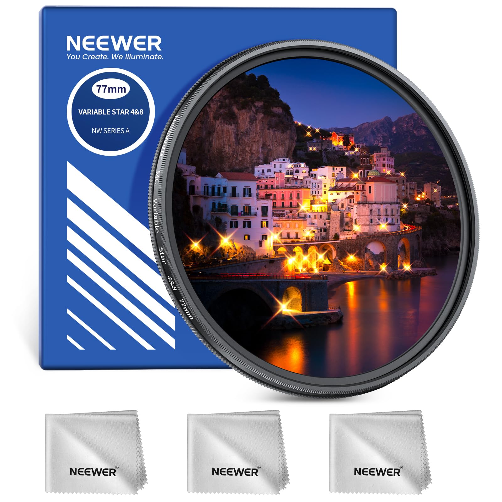 NEEWER Filtr gwiazdowy 77 mm, 4/8 punktów, regulowany filtr gwiazdowy, wielokrotnie powlekany, obrotowy filtr krzyżowy Starlight Starburst, smukła metalowa rama i 3 ściereczki do czyszczenia