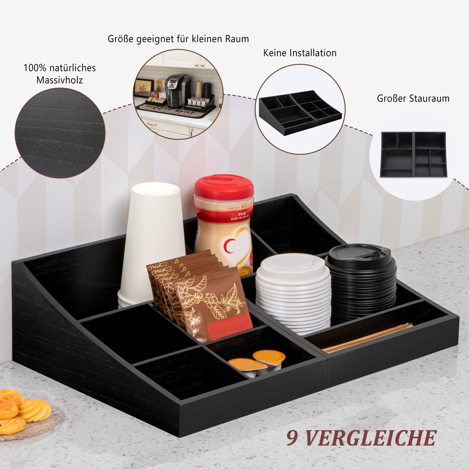 ANBOXIT Kaffee Organizer, Holz Kaffeestation Zubehör Organizer für Kaffeeecke, Kaffeebar Regal, Kaffee Gewürz Tablett für Zuhause und Büro (9 Fächer, 2 in 1)