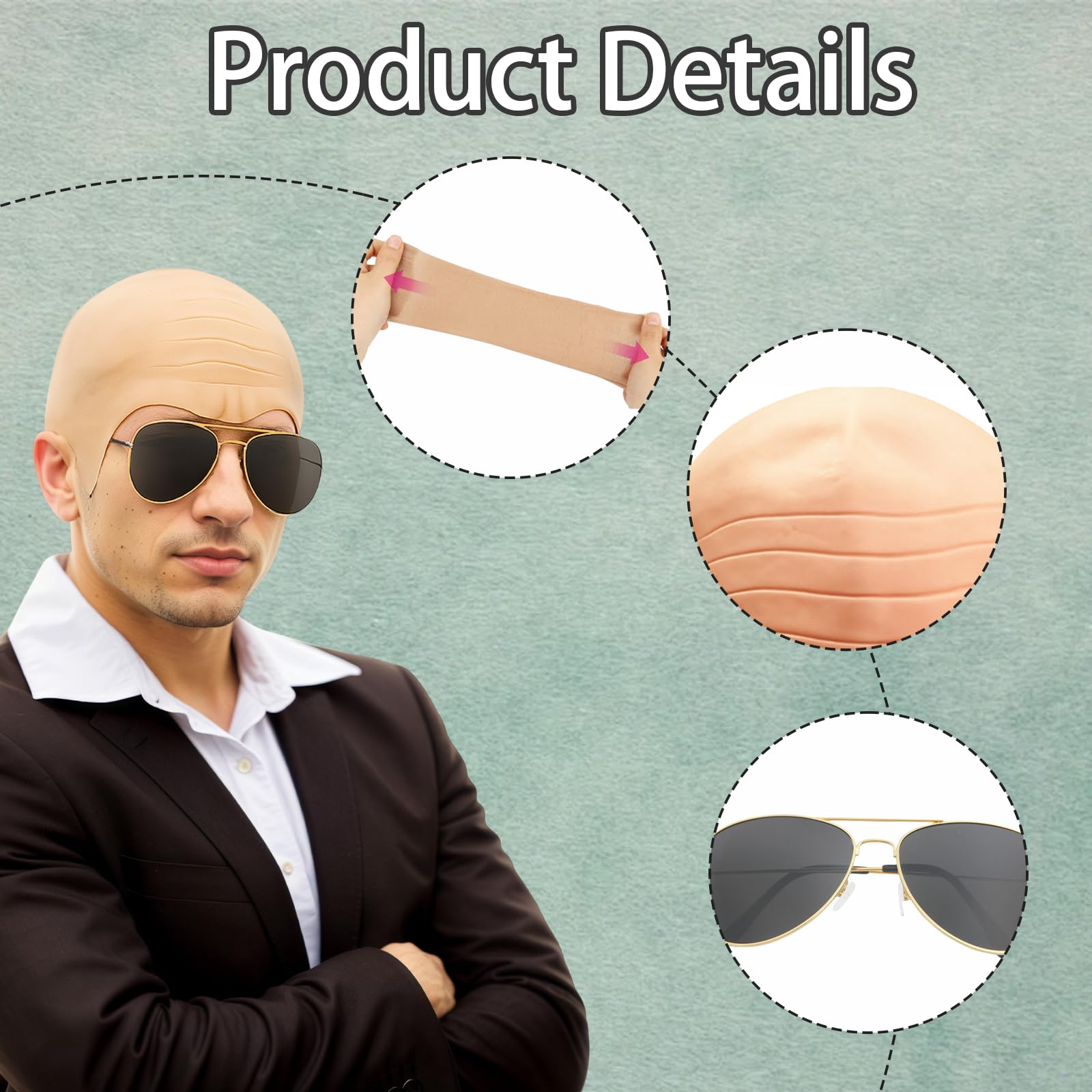 MUNSKT Bald Caps for Adults Men Women Costume Accessory Makeup Bald Head Wig Cap Costume Set Bald Cap Sunglasses - Image 3