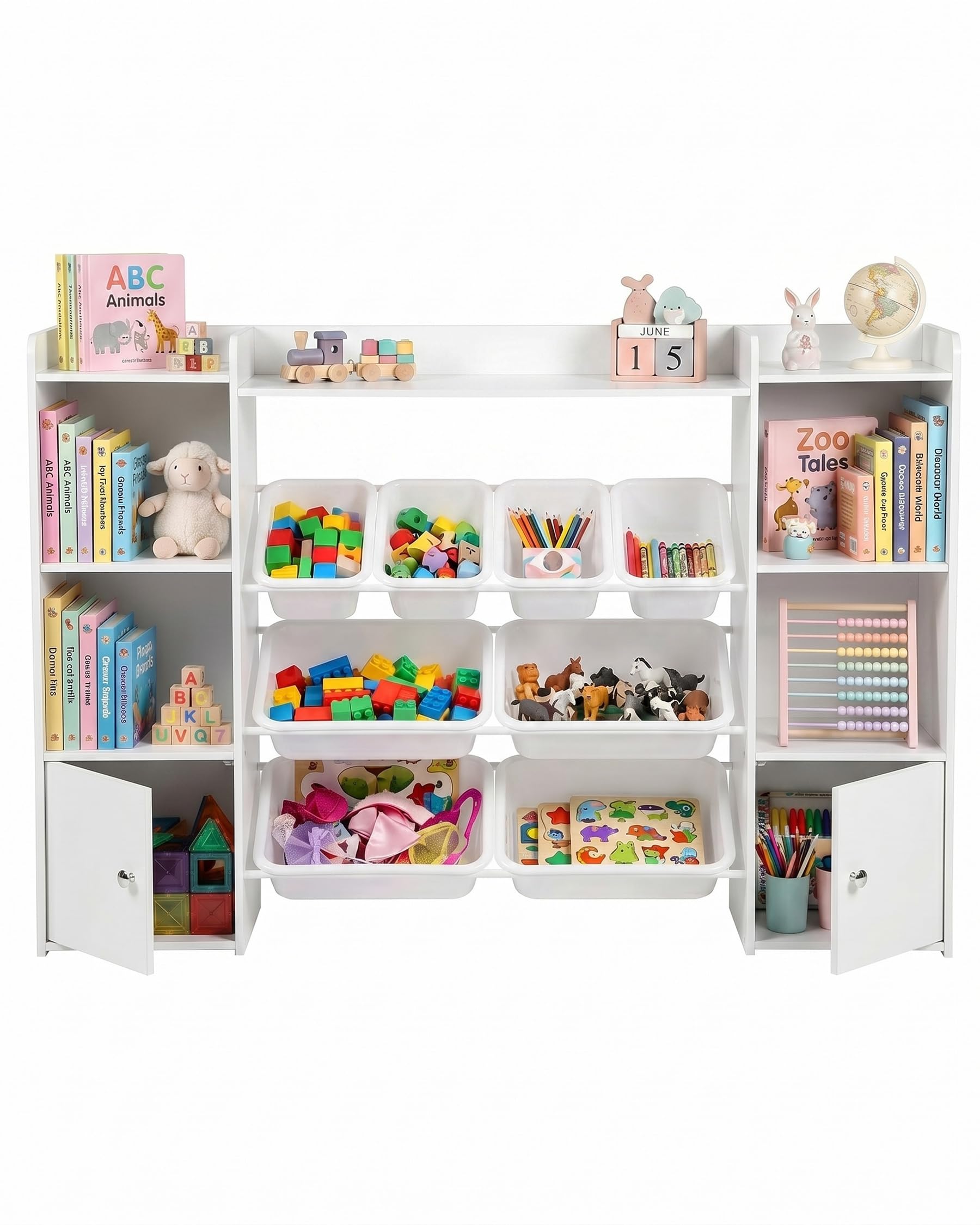 Libreria Infantil, Estanteria Infantil con Organizador de Juguetes, Libreria Montessori Infantil con 8 Cajas Extraíbles y 2 Puertas, para Habitacion Infantil y Cuarto de Juegos, Blanco