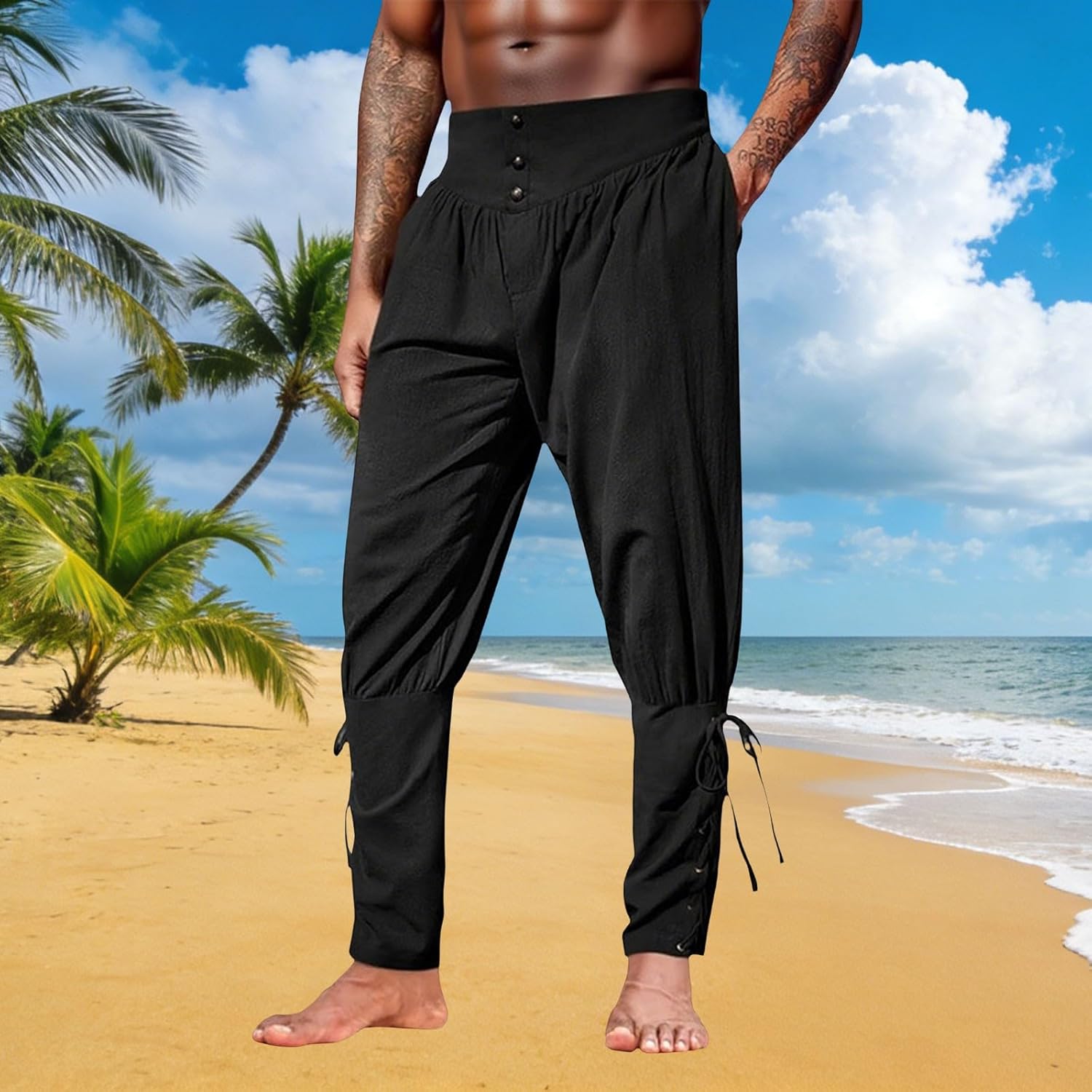 Men's Ankle Banded Pants Medieval Viking Navigator Pirate Costume Baggy Elastic Button Waist Yoga Beach Linen Pant