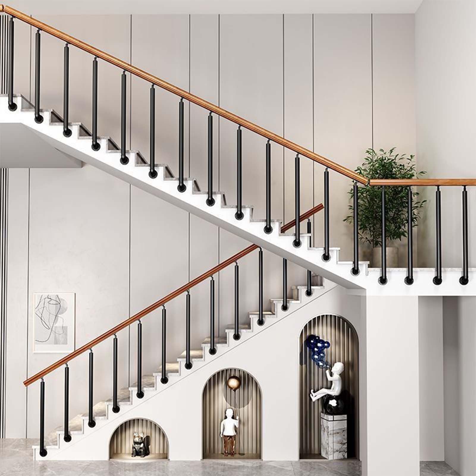 Columna de balaustres de barandilla de porche de hierro forjado, husillos de cubierta de metal para interiores y exteriores, poste de escalera negro con soportes de ángulo ajustables de 270°(95cm(37.4