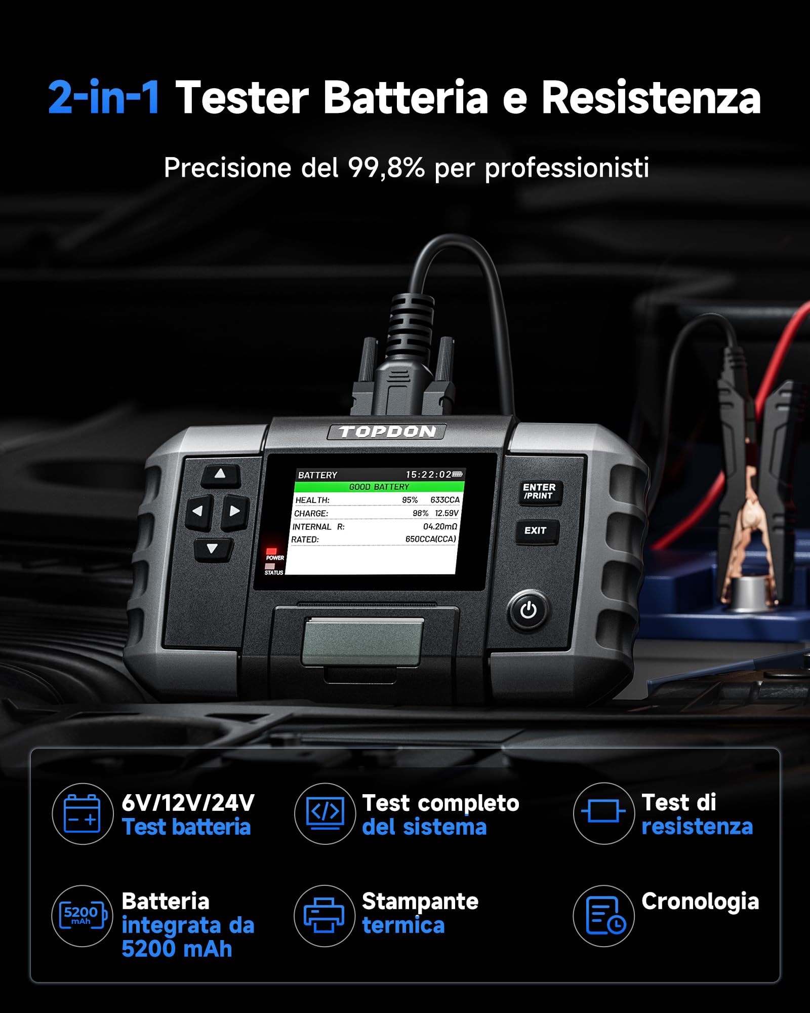 TOPDON BT600 Plus Tester Batteria Auto 6V 12V 24V, Analizzatore di Batterie, Test di Avviamento/Carica/Sistema 12V/24V, Test di Resistenza e Sequenza, Schermo 3,5" con Batteria Integrata e Stampante
