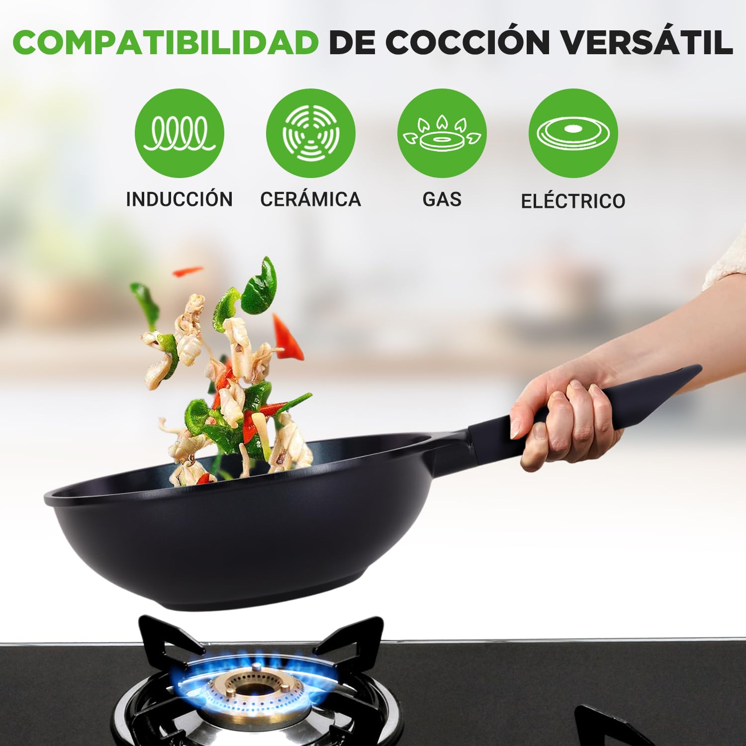 Nutrichef sartenes antiadherentes, Para grill, Freír y Pescado, Wok, 5 piezas, Recubrimiento ceramico, Compatibles con todo tipo de cocinas, Faciles de limpiar