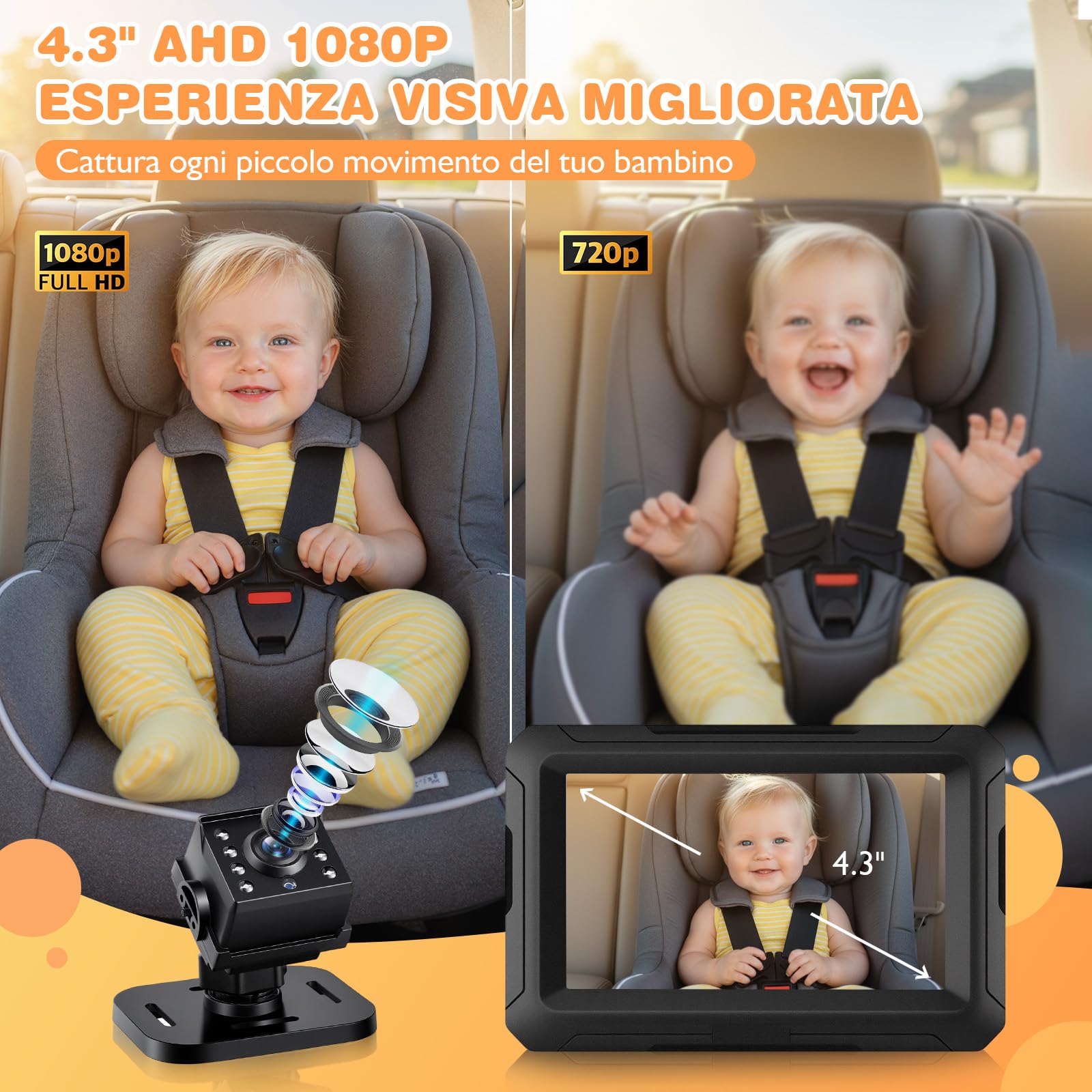 Zacro Baby Camera Auto, Specchio per auto, specchietto retrovisore per bambini, 1080P, USB-C Plug and Play, specchio per auto con visione notturna HD e angolo di visione di 150°, specchietto