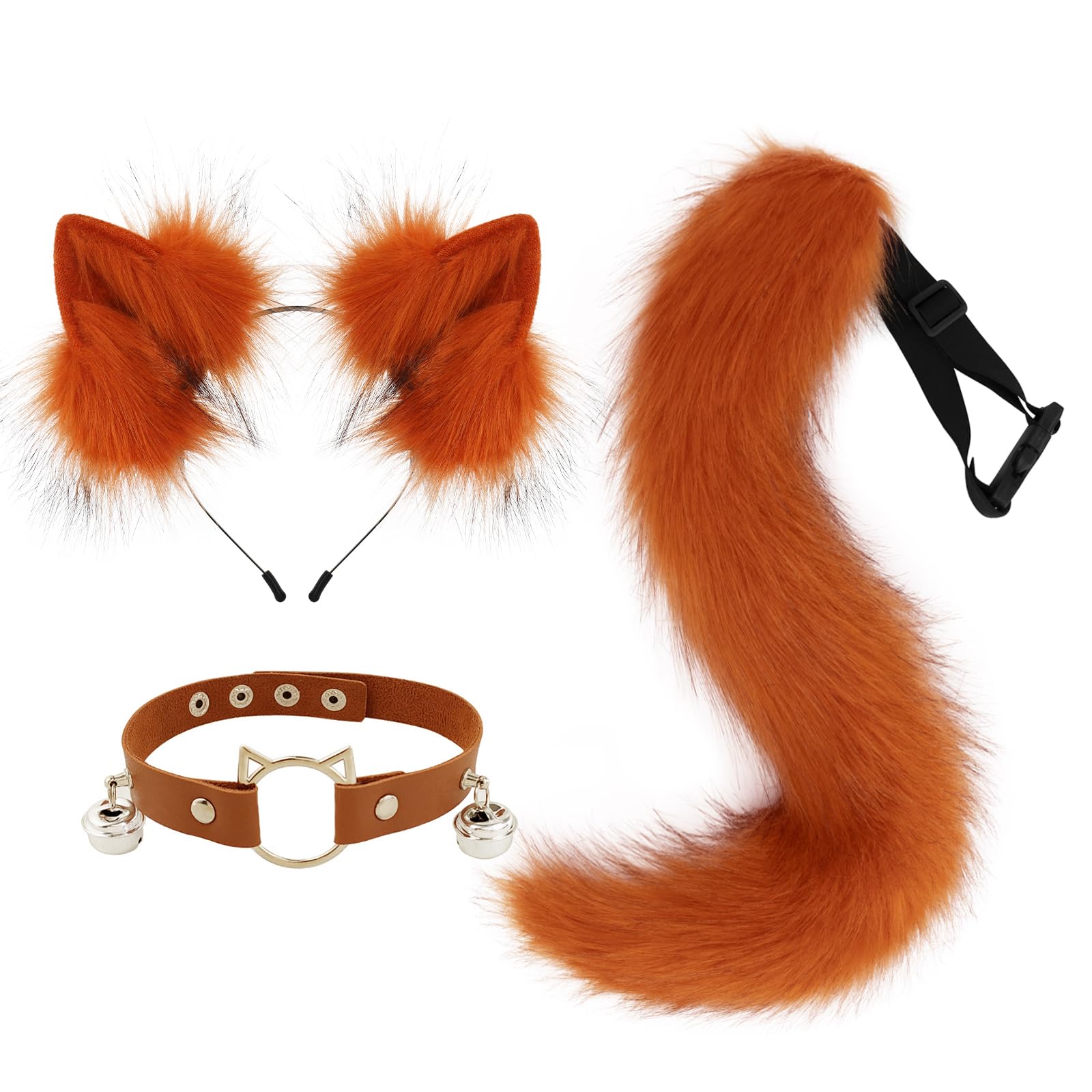 hbbhml Furry Animal Cat Fox Tail Faux Fur Wolf Ear Headband Leather Neck Chocker Costume Set for Party Halloween Cosplay