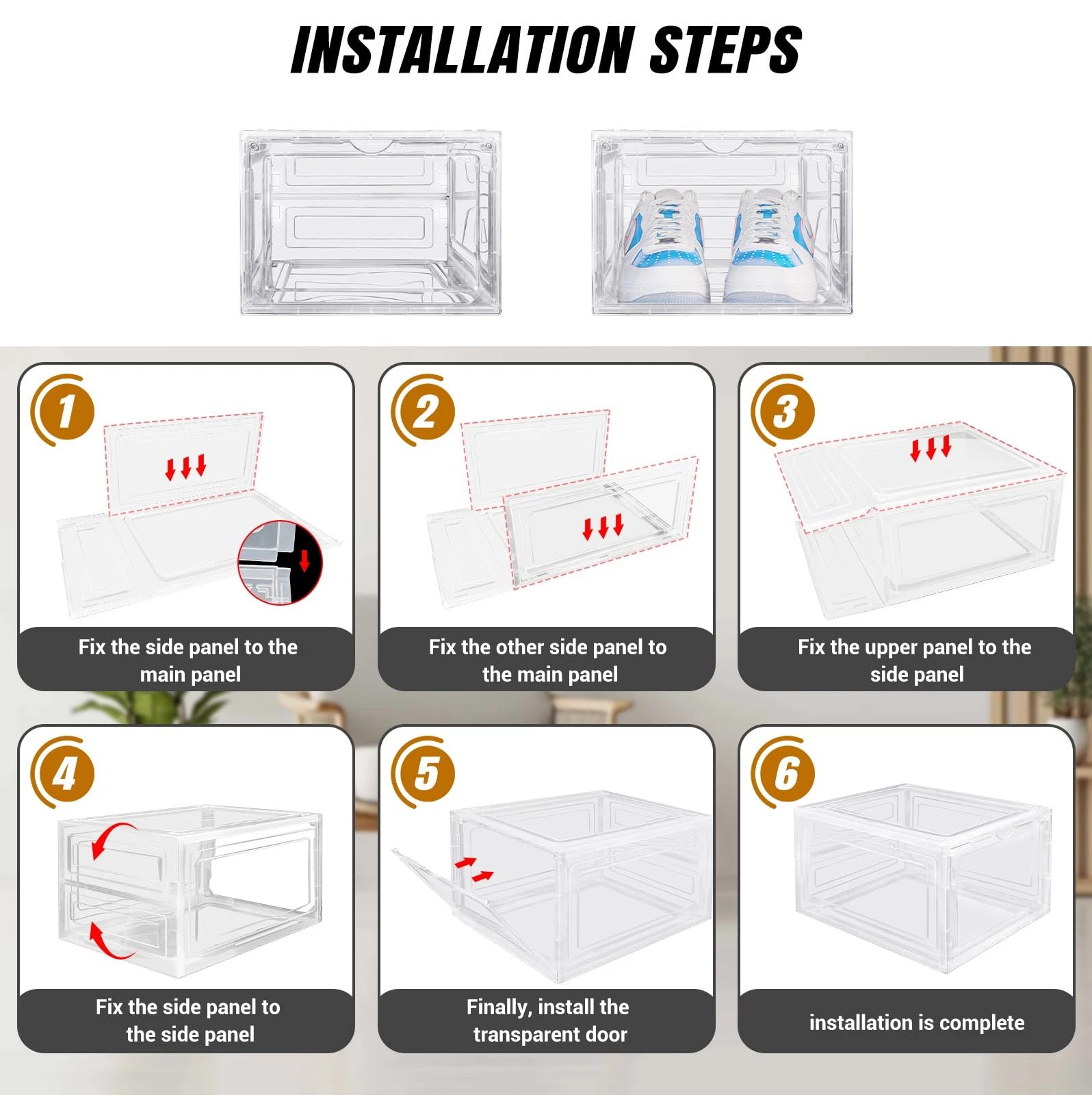 Paquete de 6 cajas de almacenamiento transparentes de plástico duro apilables para zapatos, cajas de almacenamiento de zapatos, cajas grandes de plástico transparente apilables (6 unidades)
