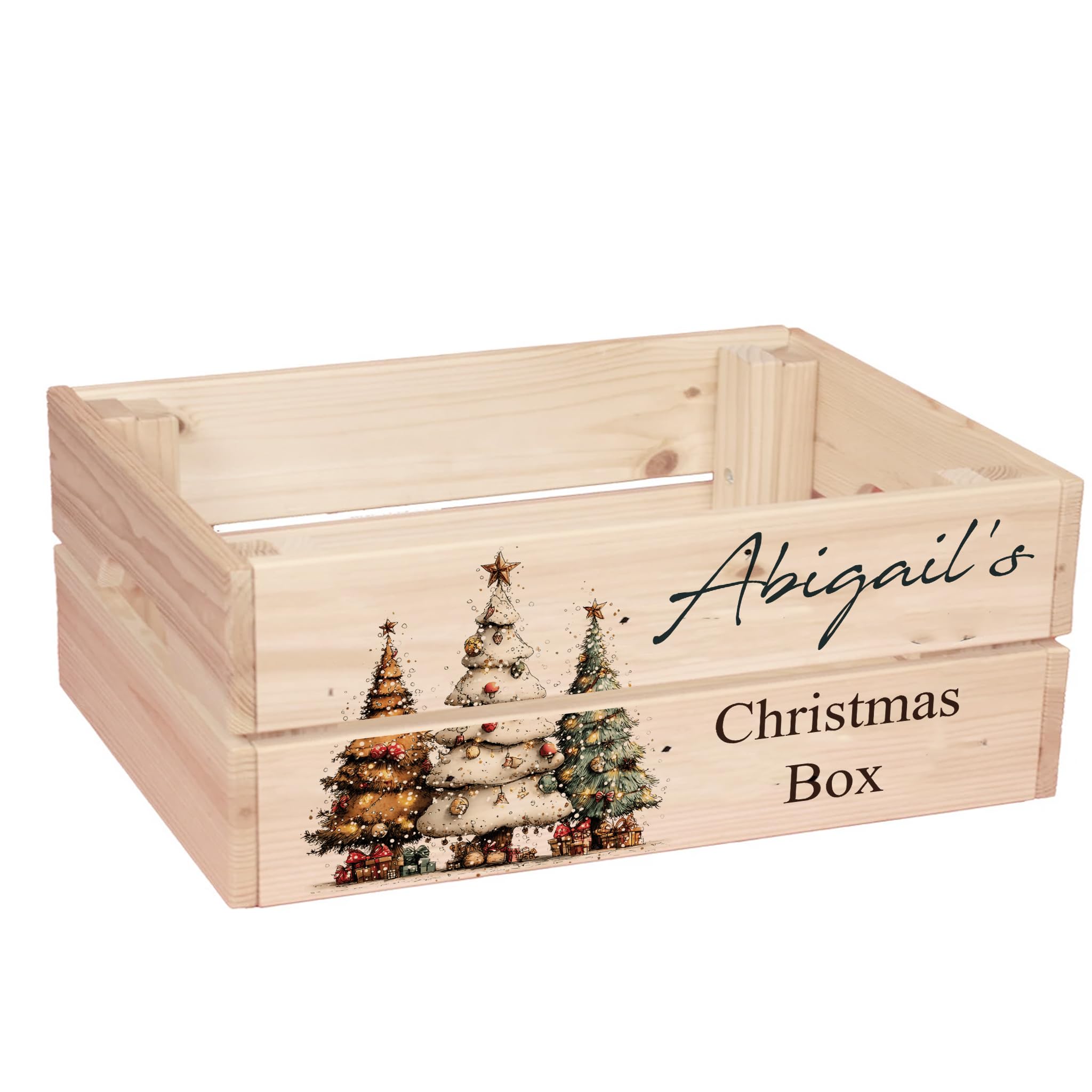 ukgiftstoreonline Personalised Christmas Eve Box with Santa, Trees, Reindeer, Snowman Designs, Wooden Storage Crate, 30.5 x 25 x 12 cm, Holiday Presentation Box with Side Handles (Tree Set 5) โ image 1