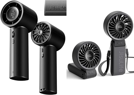 JISULIFE Foldable Handheld Fan Life7, High-Power Motor with Handheld Fan Pro1 Mini, Elite PU Leather, 30 Hour Cooling