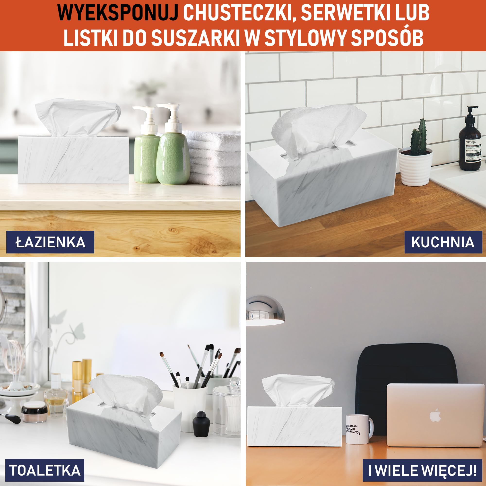 Akrylowy Pojemnik Na Chusteczki – Prostokątny Dozownik Na Chusteczki Higieniczne I Wkłady Suszące. Idealny Do Łazienki, Biurka, Blatu, Toaletki, Sypialni I Stolika Nocnego (Prostokąt, Marmur)