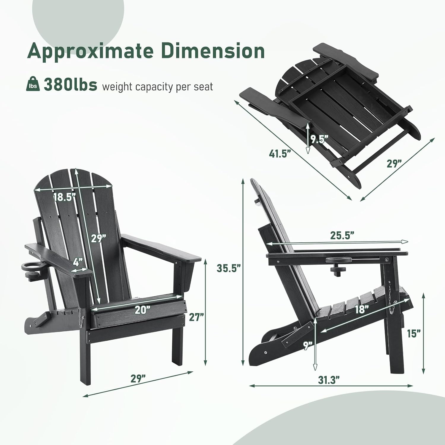 Furnimart Folding Adirondack Chairs Set of 2, Outdoor HDPE Patio Chairs - Wood Look with Cup Holders, Plastic Chairs Weather-Resistant for Outside Garden Balcony Lawn, Black 2pcs