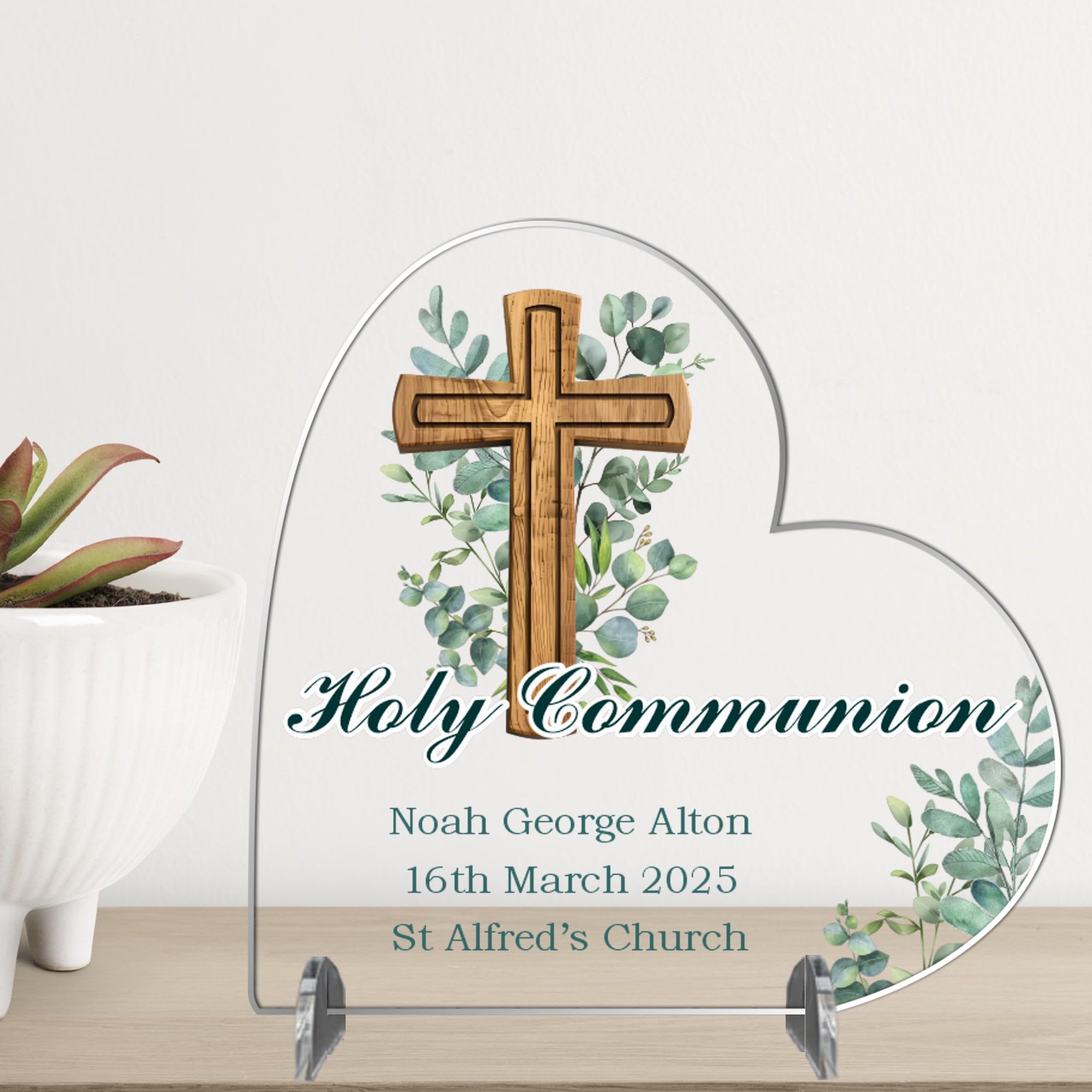 Personalised Christening, Communion or Confirmation Plaque – Custom Religious Gift with Child’s Name, Date & Church – Wooden Cross & Greenery Keepsake (Communion, Acrylic - Large - 19cm x 18.5cm) — image 1