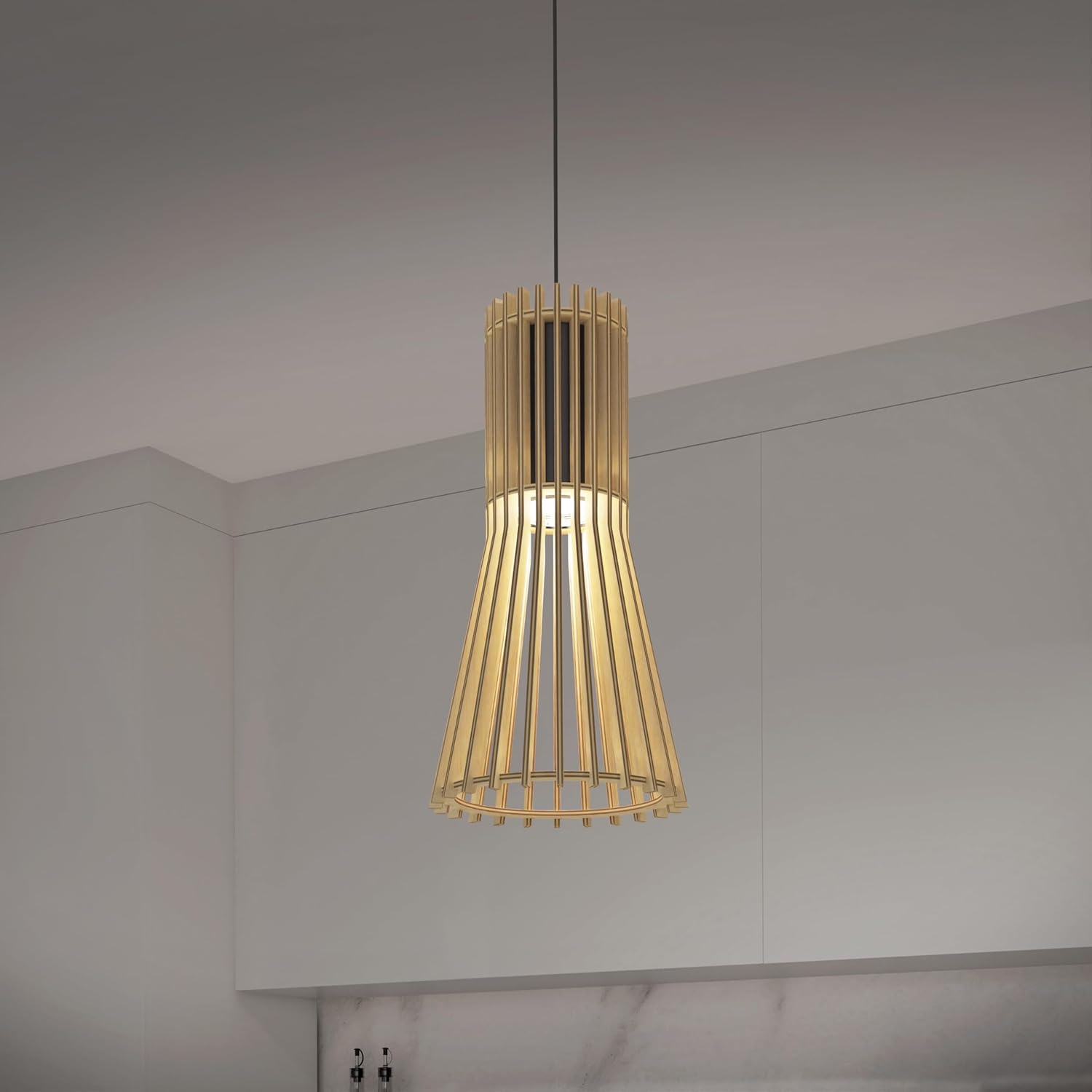 artika Kiyo Wood Pendant Light Over Kitchen Island, Adjustable Height, Dimmable, Selectable CCT, Pendant Lighting with Wood Shade, Ideal Kitchen Island Light