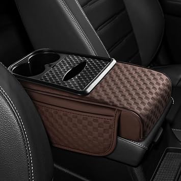 Hovom Car Center Console Armrest Pillow, 13.78"7.48"2.76" Leather Arm Rest Cover for Cars, Multifunctional Auto Armrest Cushion Pad with Pocket, Tissue Box & Cup Holder, Car Accessories Coffee