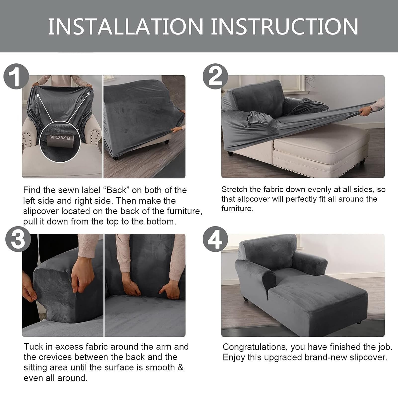 Copridivano elasticizzato in velluto per chaise longue elegante a due braccioli, colore grigio, protezione perfetta per l'arredamento della casa e il rinnovamento dei mobili