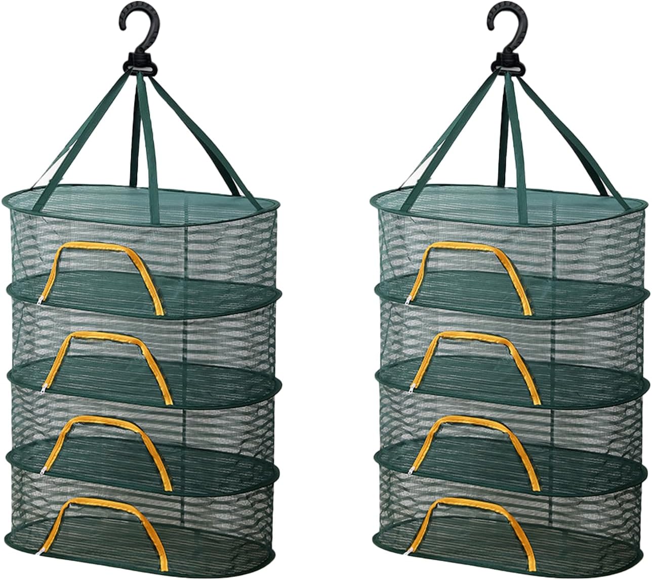 WALLBIG 2Pack Foldable Mesh Drying Rack, 4Layer Zipper Hanging Rack for Herbs, Indoor/Outdoor (Green)
