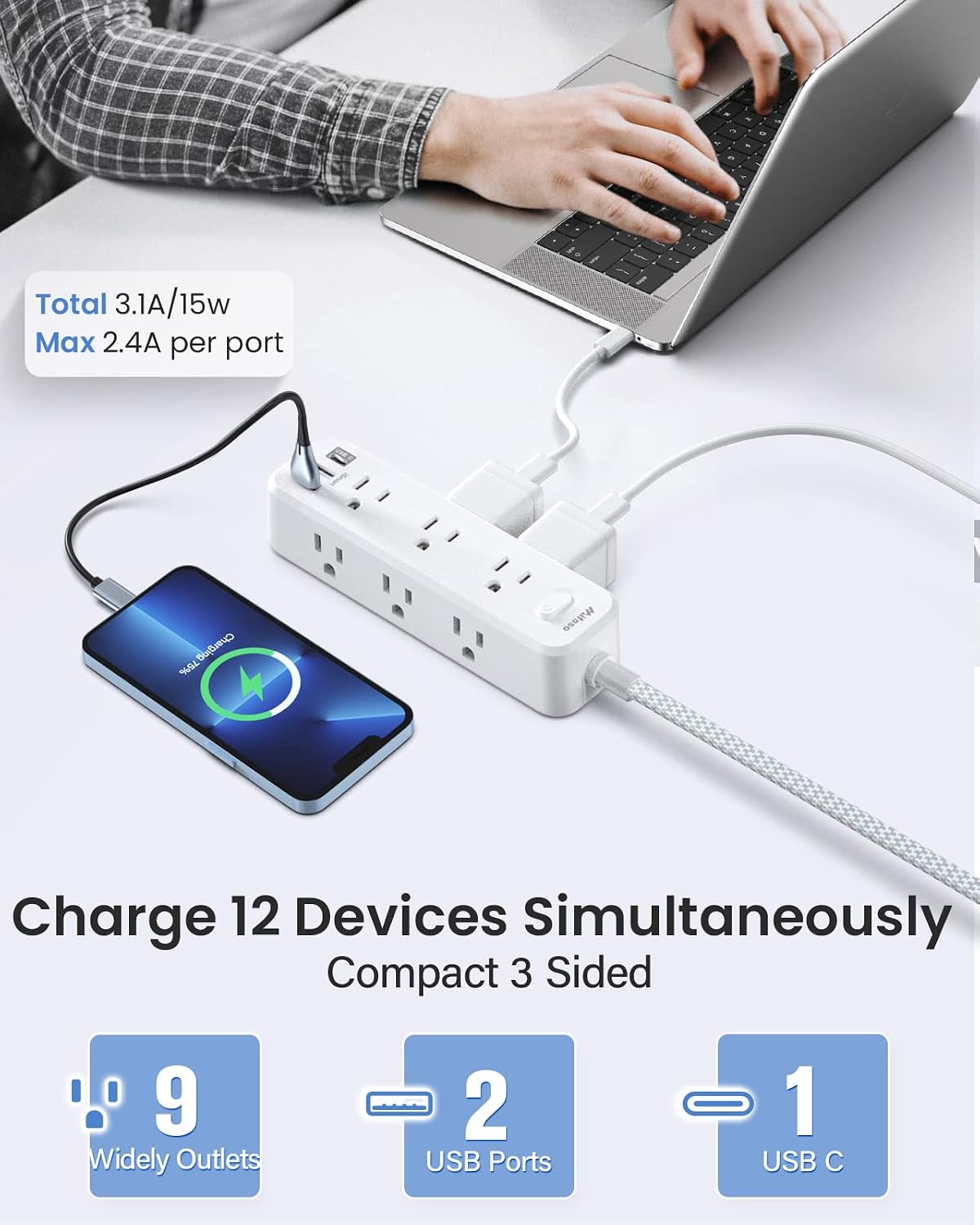 Power Strip Surge Protector with 9 Outlets 2 USB Ports 1 USB C,3 Sided 5Ft Braided Extension Cord,Flat Plug Wall Mount Wall Outlets Extender Desktop Charging Station for Home,Office